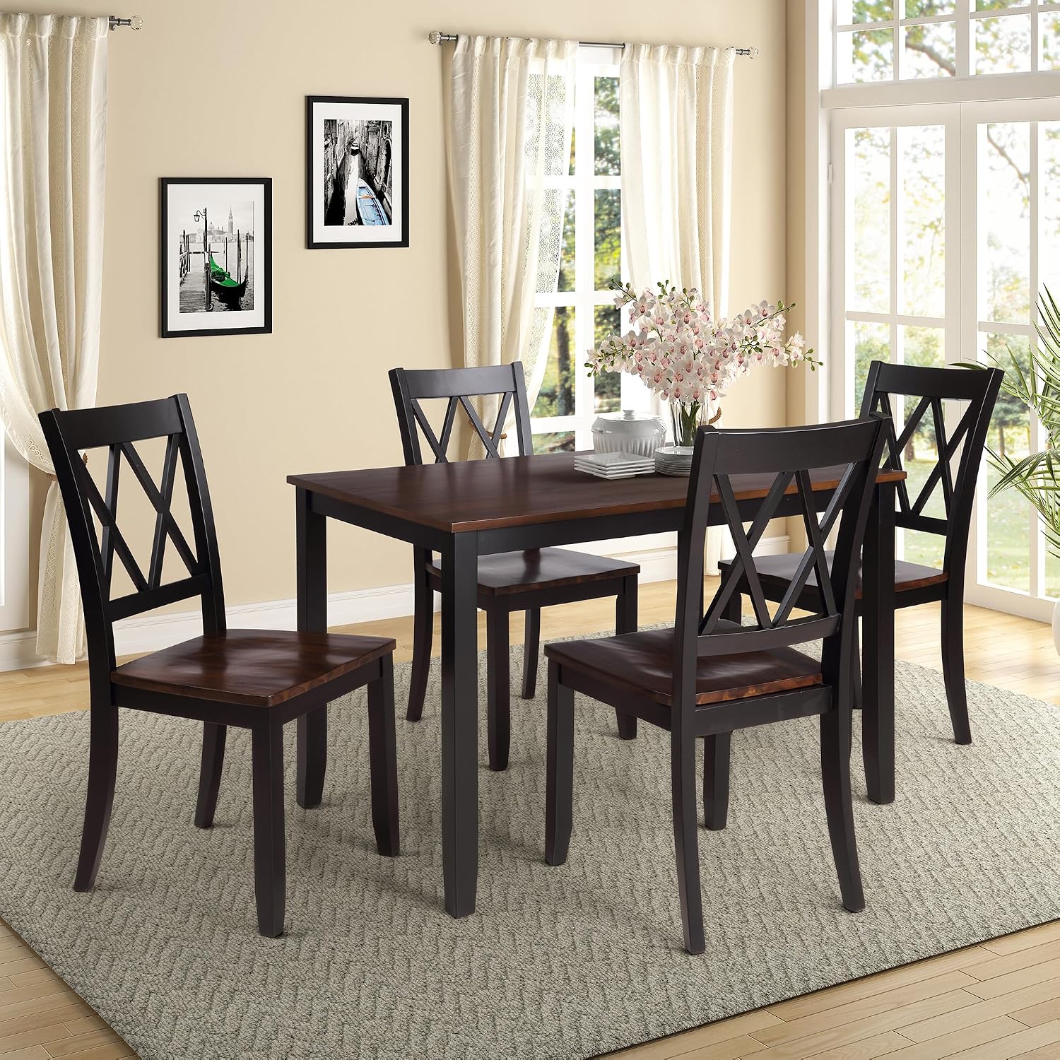 Harper & Bright Designs 5-Piece Wood Dining Table Set for 4, Kitchen Furniture Set with 4 High Back Dining Chairs for Small Places, Espresso+Black