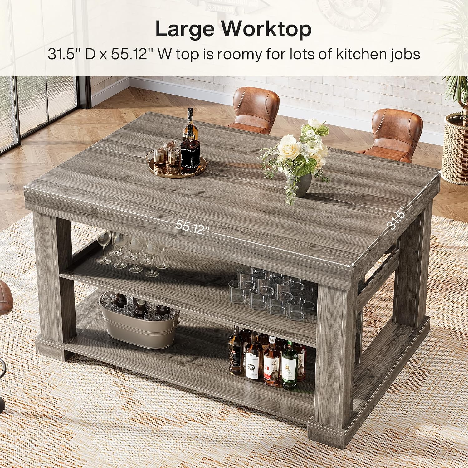 Tribesigns Bar Table, 55-Inch Counter Height Pub Table with Storage Shelves, High Top Kitchen Dining Table, Rectangle Wood Home Bar Unit for Dining Room, Bistro, Grey