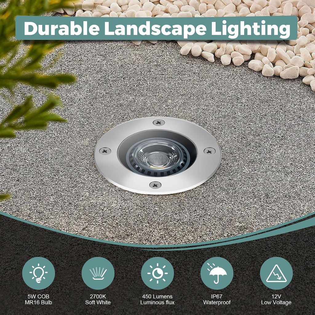 Gardencoin Low Voltage Landscape LED Well Lights, 12V in Ground Lights Outdoor IP67 Waterproof, 5' Tall Wired Landscape Up Lighting, Included Replaceable 5W 2700K MR16 Bulb Dimmable, 12 Pack