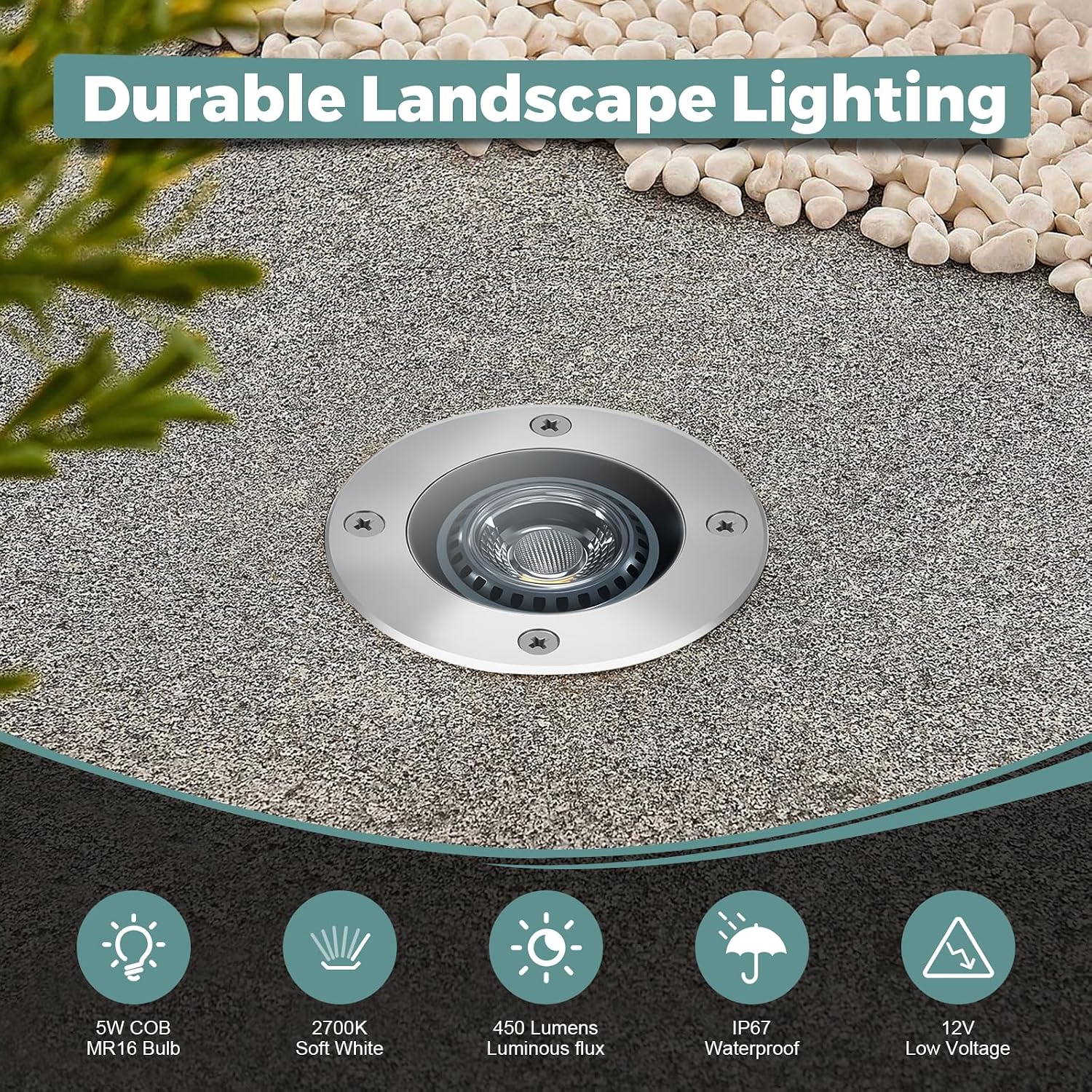 Gardencoin Low Voltage Landscape LED Well Lights, 12V in Ground Lights Outdoor IP67 Waterproof, 5' Tall Wired Landscape Up Lighting, Included Replaceable 5W 2700K MR16 Bulb Dimmable, 12 Pack