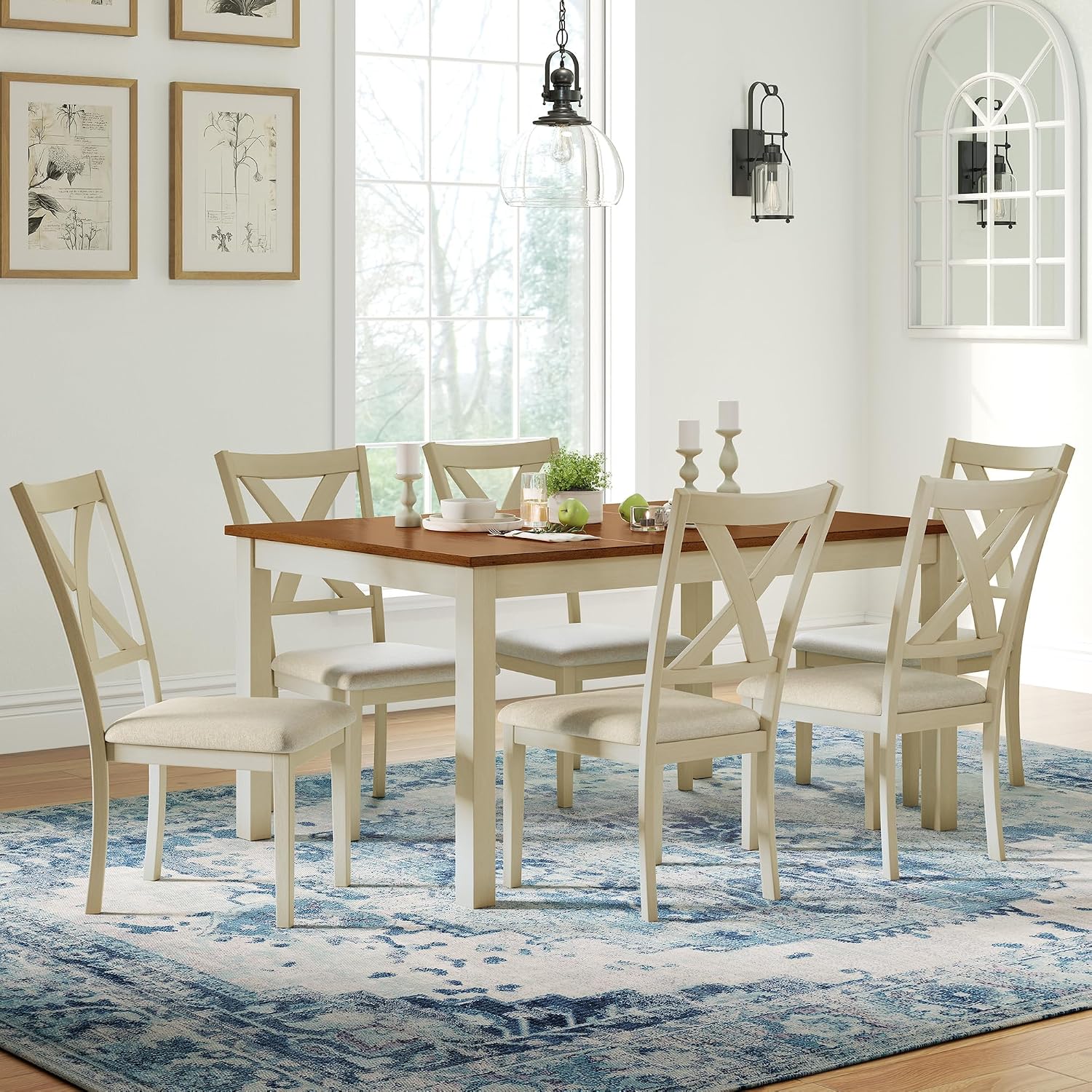AMERLIFE 7-Piece Farmhouse Solid Wood Dining Table Set with 6 Upholstered Chairs, 60' Space Saving Dinner Table & Chairs Set, for Dining Room, Kitchen, Restaurant, Rustic Cream
