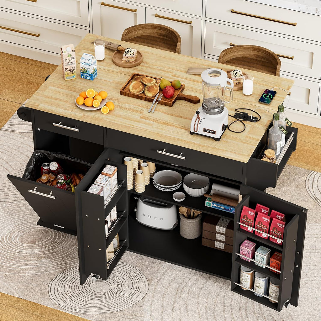HQZX Rolling Kitchen Island with Trash Can Storage, Portable Kitchen Island Cart on Wheels with Drop Leaf & Power Outlet, Towel Rack & Spice Rack, Large Mobile Island Table for Kitchen, Black