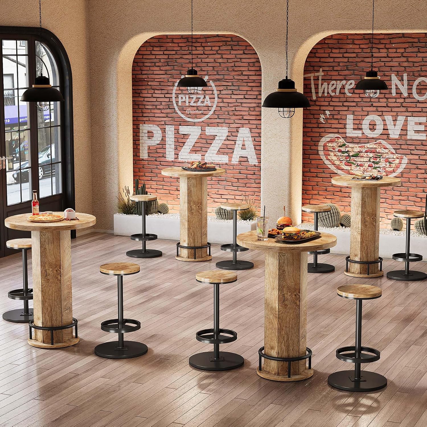 Tribesigns Round Bar Table with Chairs, Industrial Bistro Sets with 2 barstools, Pub Cocktail Table with Metal Ring Footrest for Kitchen Nook, Apartment, Small Space