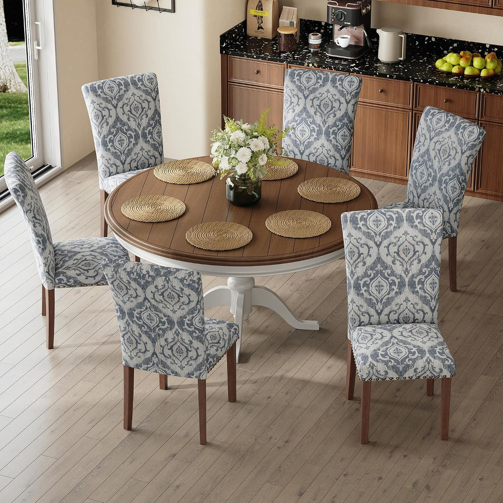 COLAMY Upholstered Parsons Dining Chairs Set of 6, Fabric Dining Room Kitchen Side Chair with Nailhead Trim and Wood Legs - Blue/White Flower