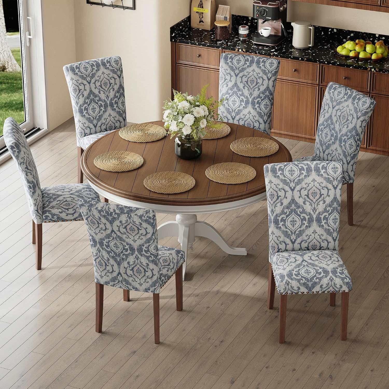 COLAMY Upholstered Parsons Dining Chairs Set of 6, Fabric Dining Room Kitchen Side Chair with Nailhead Trim and Wood Legs - Blue/White Flower