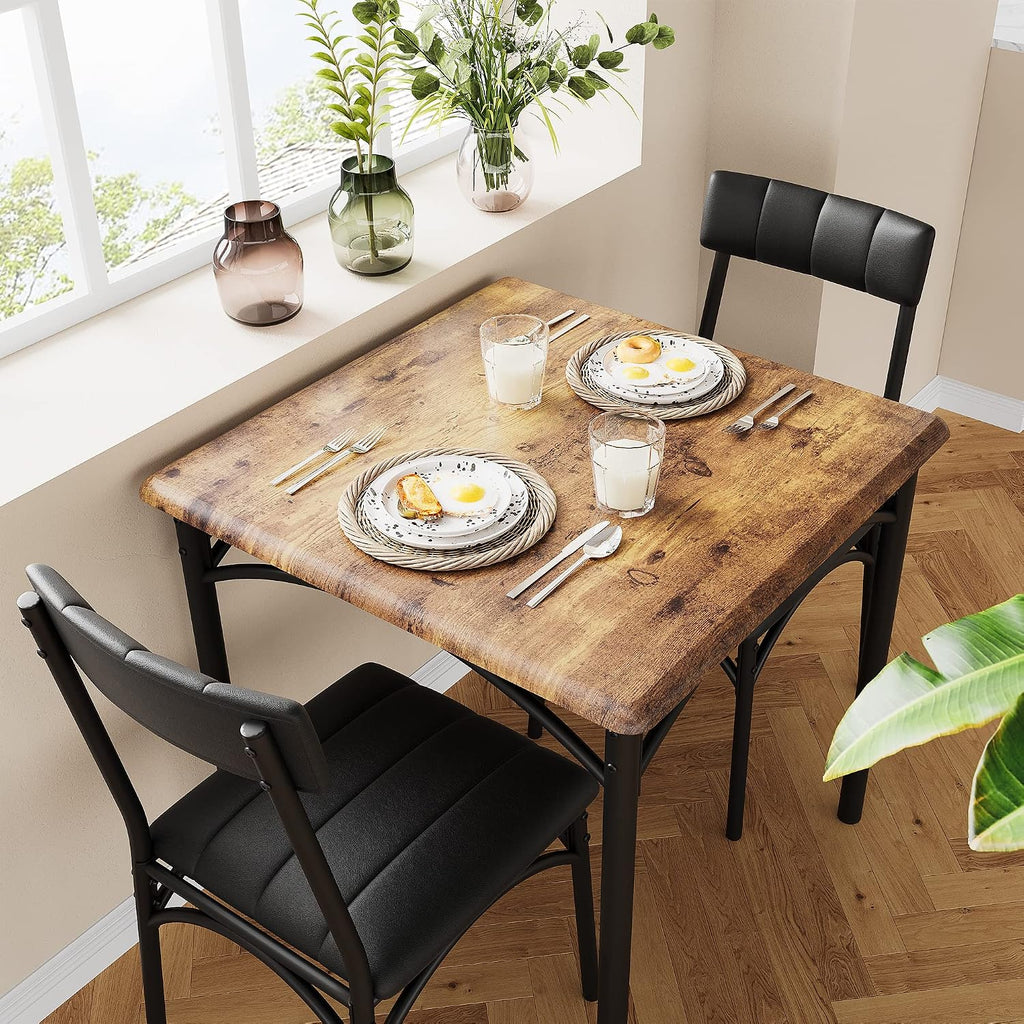 3-Piece Dining Table Set for 2, Kitchen Table Set with 2 Upholstered Chairs, Square Dining Table Set for Apartment, Studio, Small Space, Brown
