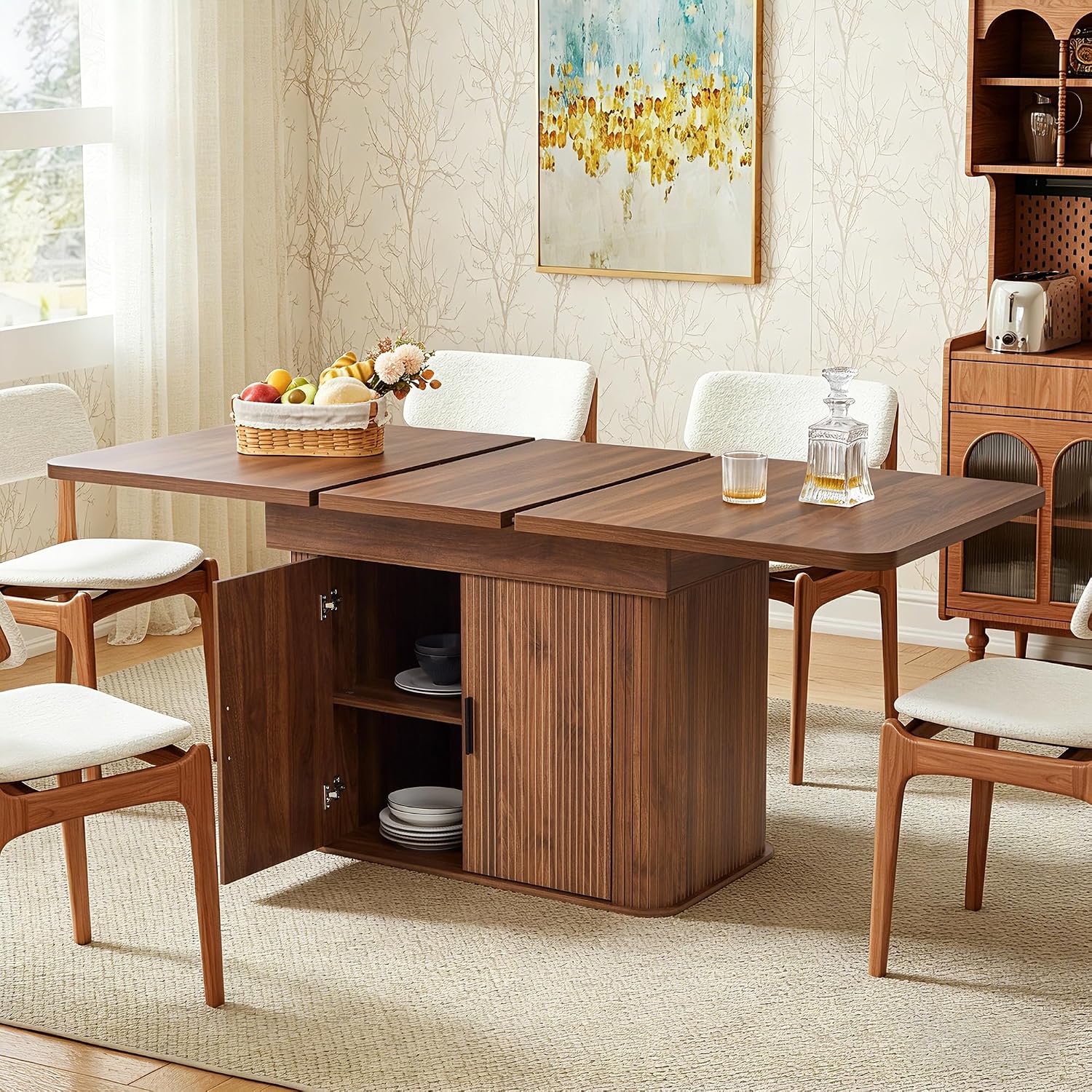 weselon 55'-71' Extendable Dining Table with Storage, Expandable Kitchen Table for 4-6, Space Saving Dining Room Table with Hidden Storage Cabinet, Adjustable Shelves & Fluted Base (Walnut)