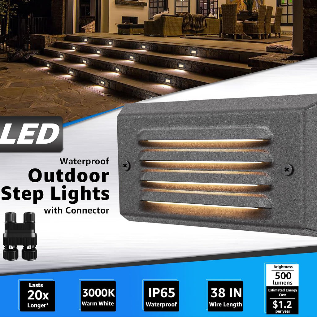 SUNVIE Low Voltage Step Lights Outdoor 5W LED Stair Lights with Horizontal Louver Faceplate Deck Lights for Steps Stairs Fences 12V 3000K 3.2FT ETL Listed Wire, Fastlock2 Connectors Included, 12 Pack