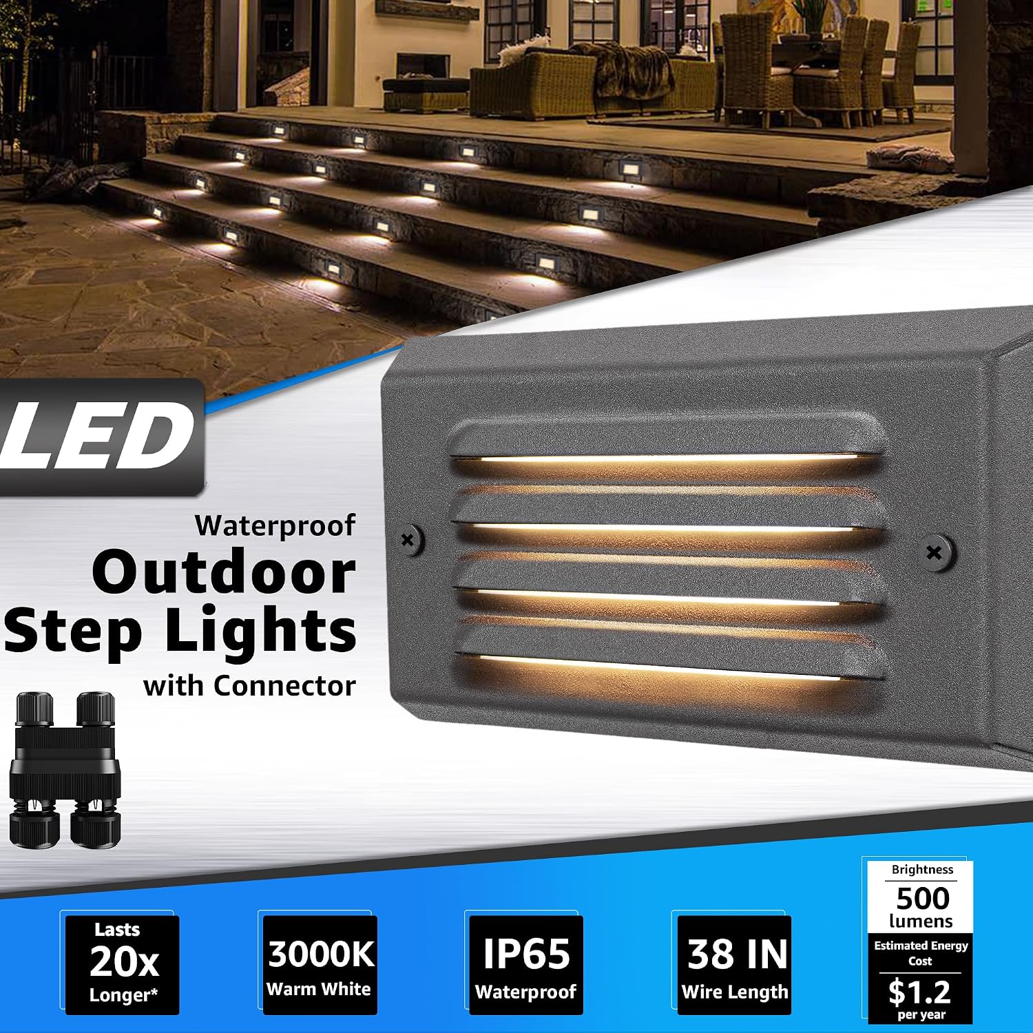 SUNVIE Low Voltage Step Lights Outdoor 5W LED Stair Lights with Horizontal Louver Faceplate Deck Lights for Steps Stairs Fences 12V 3000K 3.2FT ETL Listed Wire, Fastlock2 Connectors Included, 12 Pack