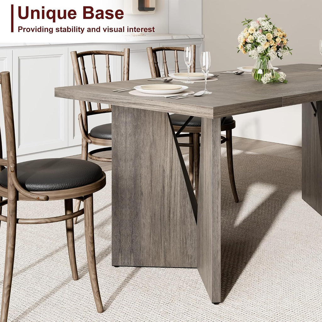 GarveeHome 70.9'' Rectangular Dining Table for 6-8, Wooden Thickened Long Desk, Farmhouse Kichen Table with Sturdy Frame and M-Shaped Legs, for Dining Room, Kitchen, Living Room, Office, Grey