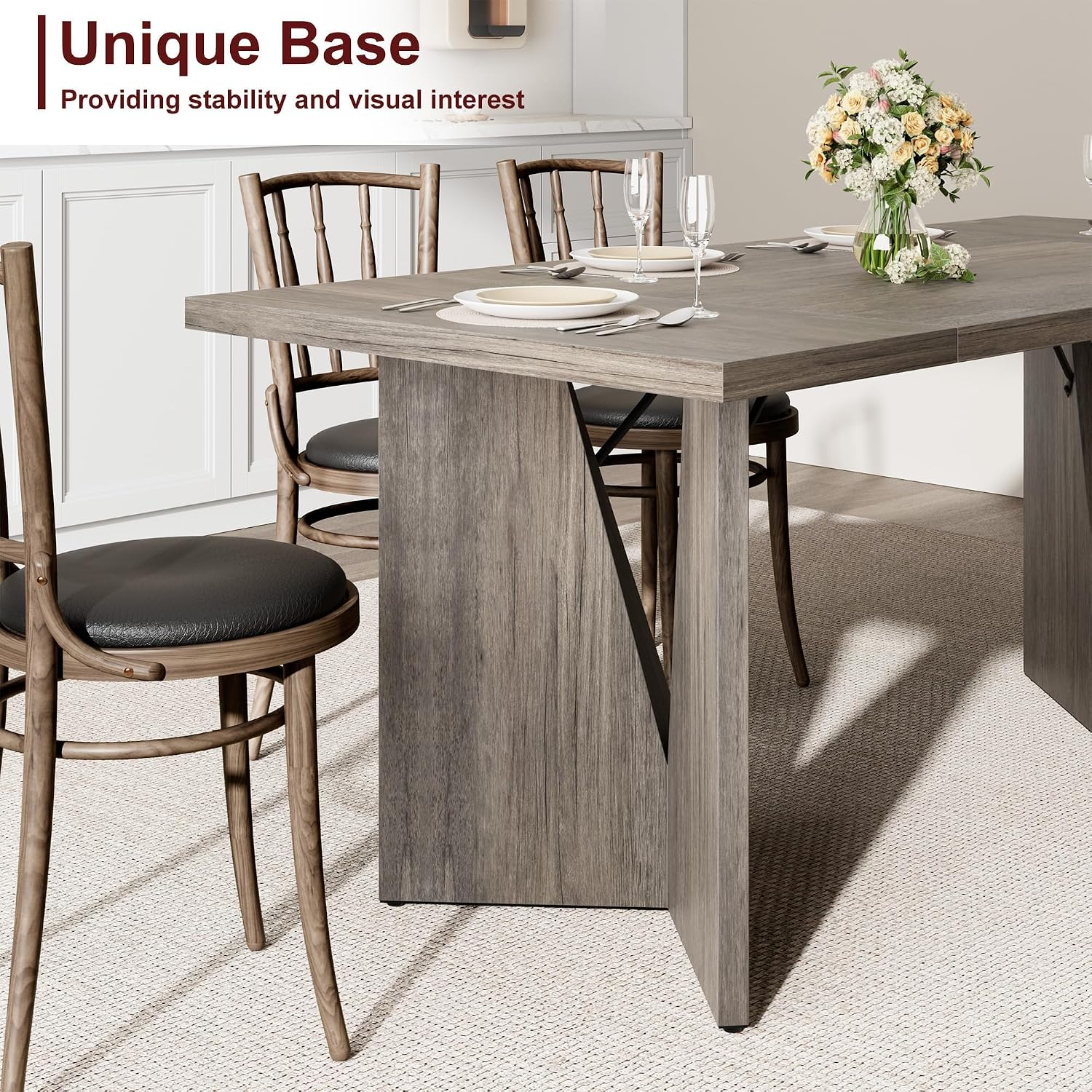GarveeHome 70.9'' Rectangular Dining Table for 6-8, Wooden Thickened Long Desk, Farmhouse Kichen Table with Sturdy Frame and M-Shaped Legs, for Dining Room, Kitchen, Living Room, Office, Grey