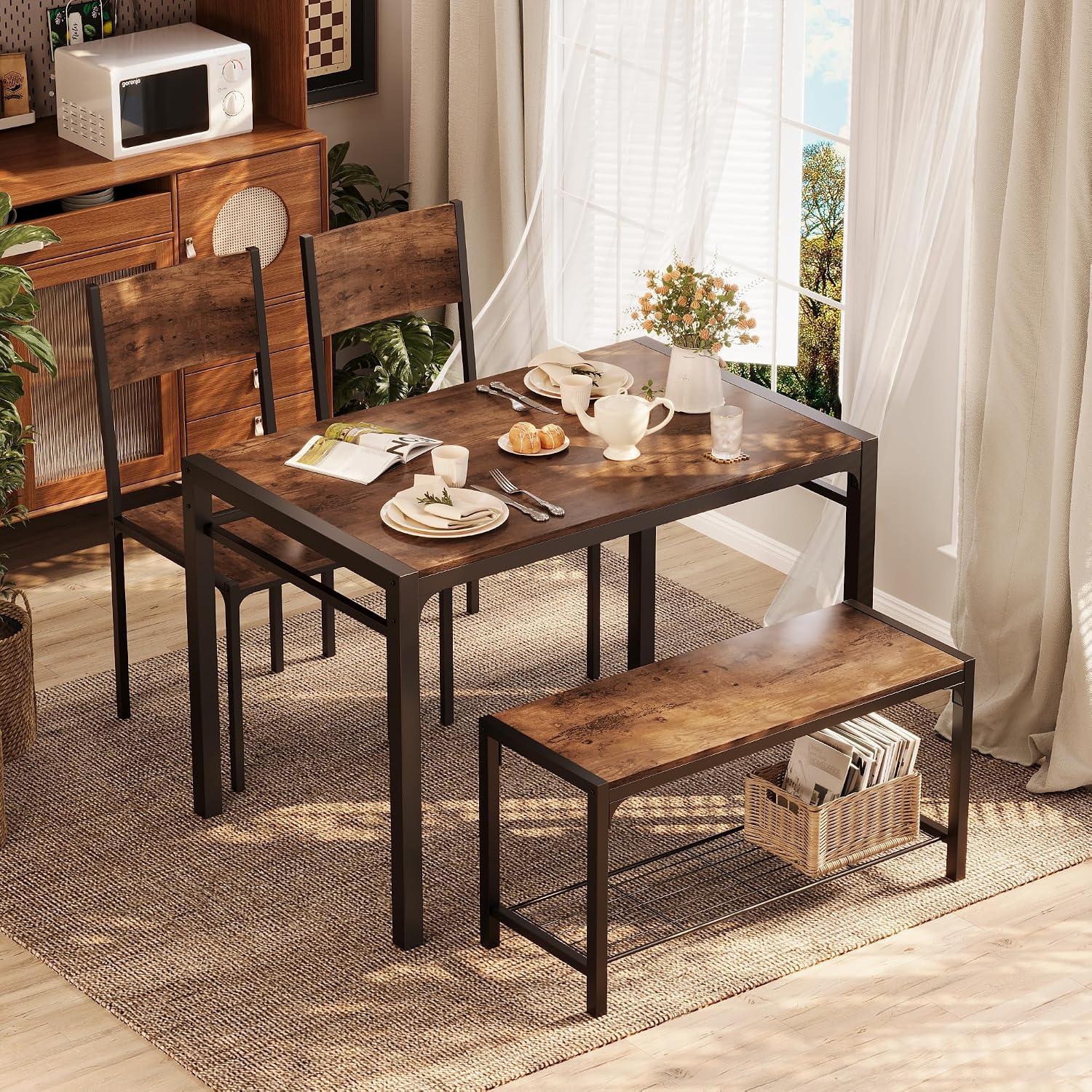 Shahoo Kitchen Table and 2 Chairs for 4 with Bench, 4 Piece Dining Sets for Small Space, Brown
