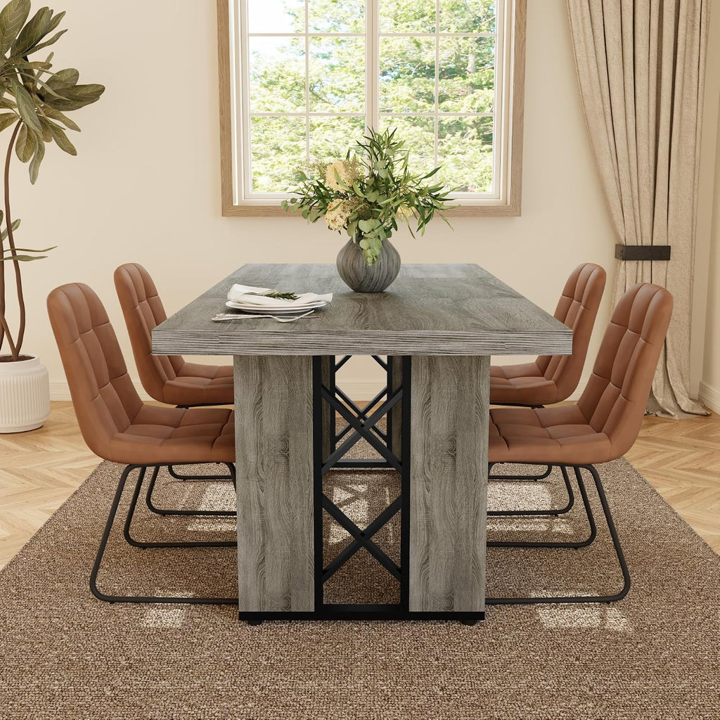 HIPIHOM 7-Piece Dining Table Set for 6 People, 70.8' MDF Kitchen Table with 6 Upholstered Chairs, Space-Saving for Dining Room, Breakfast Nook(Grey Table+6 Brown Chairs)