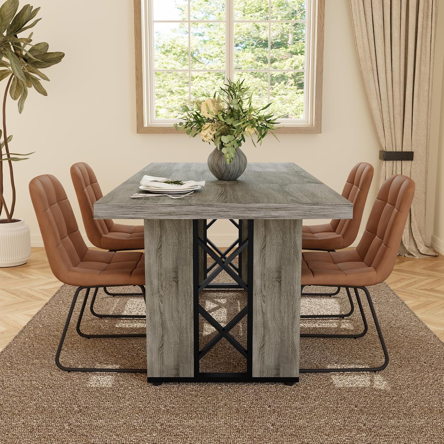 HIPIHOM 7-Piece Dining Table Set for 6 People, 70.8' MDF Kitchen Table with 6 Upholstered Chairs, Space-Saving for Dining Room, Breakfast Nook(Grey Table+6 Brown Chairs)