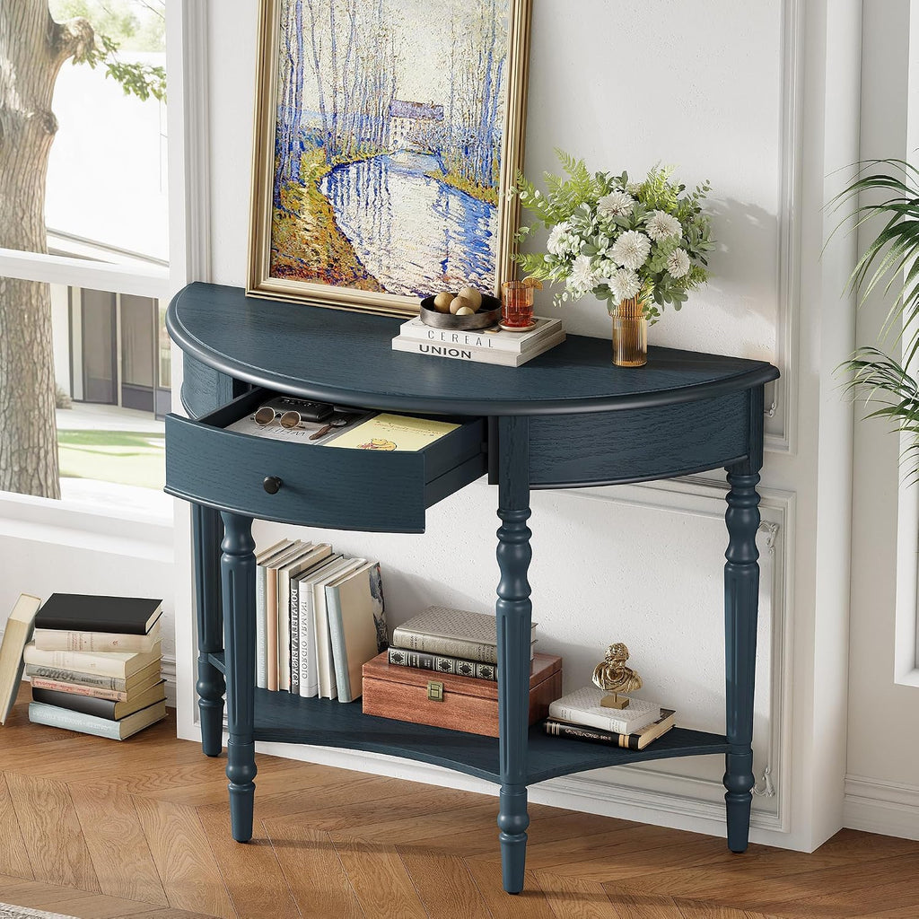 LKTART Farmhouse Half Moon Console Table with Solid Pinewood Frame & Legs,Modern Entryway Sofa Table for Behind Couch,Living Room,Hallway,Foyer (Navy,39')