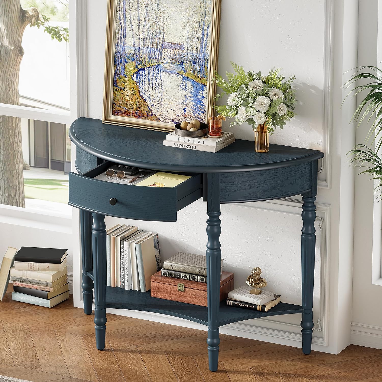 LKTART Farmhouse Half Moon Console Table with Solid Pinewood Frame & Legs,Modern Entryway Sofa Table for Behind Couch,Living Room,Hallway,Foyer (Navy,39')