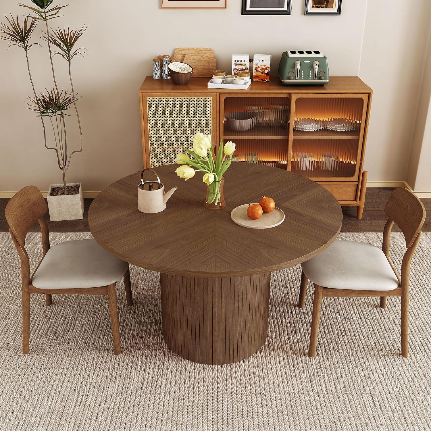 Round Dining Table for 4, Modern Farmhouse Kitchen Table, 47 Inch Small Circle Dining Tables with Wood Strip Base for Kitchen Living Room (Walnut)
