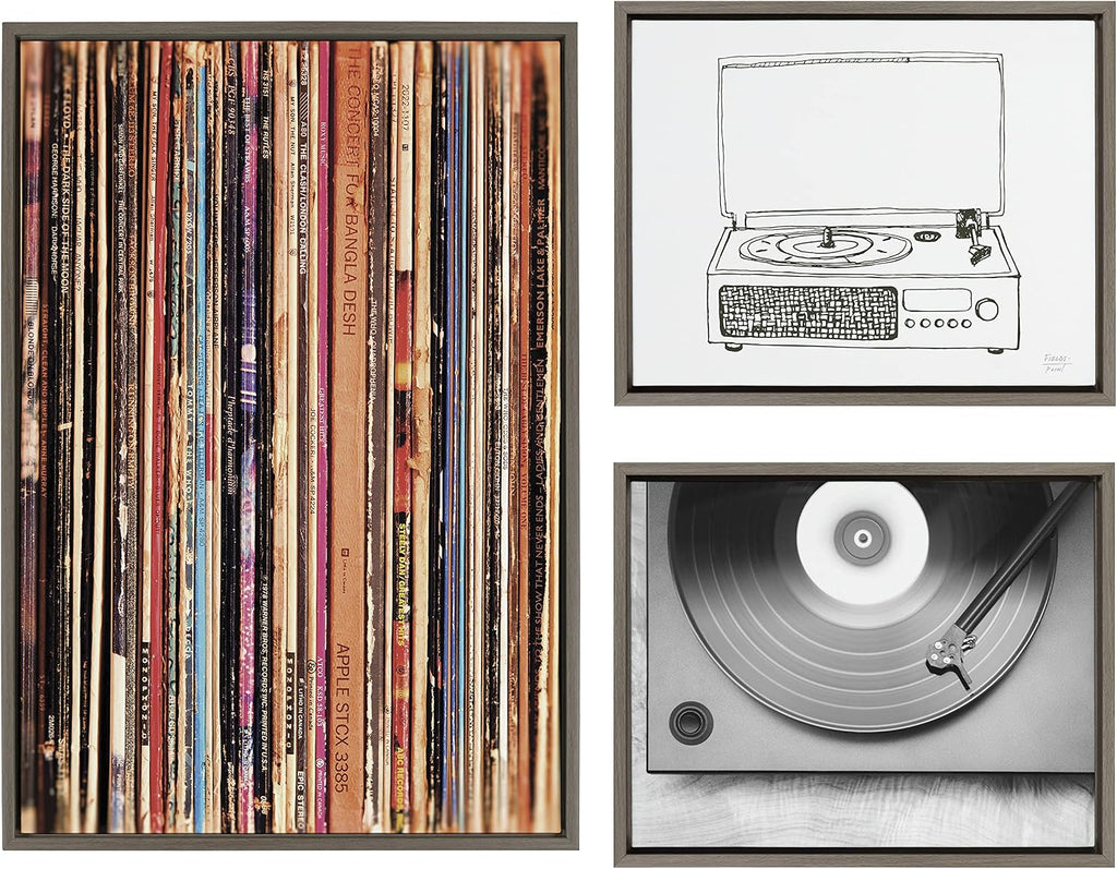 Kate and Laurel Sylvie Records 33RPM, Victrola Record Player and Vinyl Vibes Framed Canvas Wall Art Set by Various Artists, Set of 3, two 16x20 and one 23x33 Gray Frames, Bohemian Vinyl Record Art