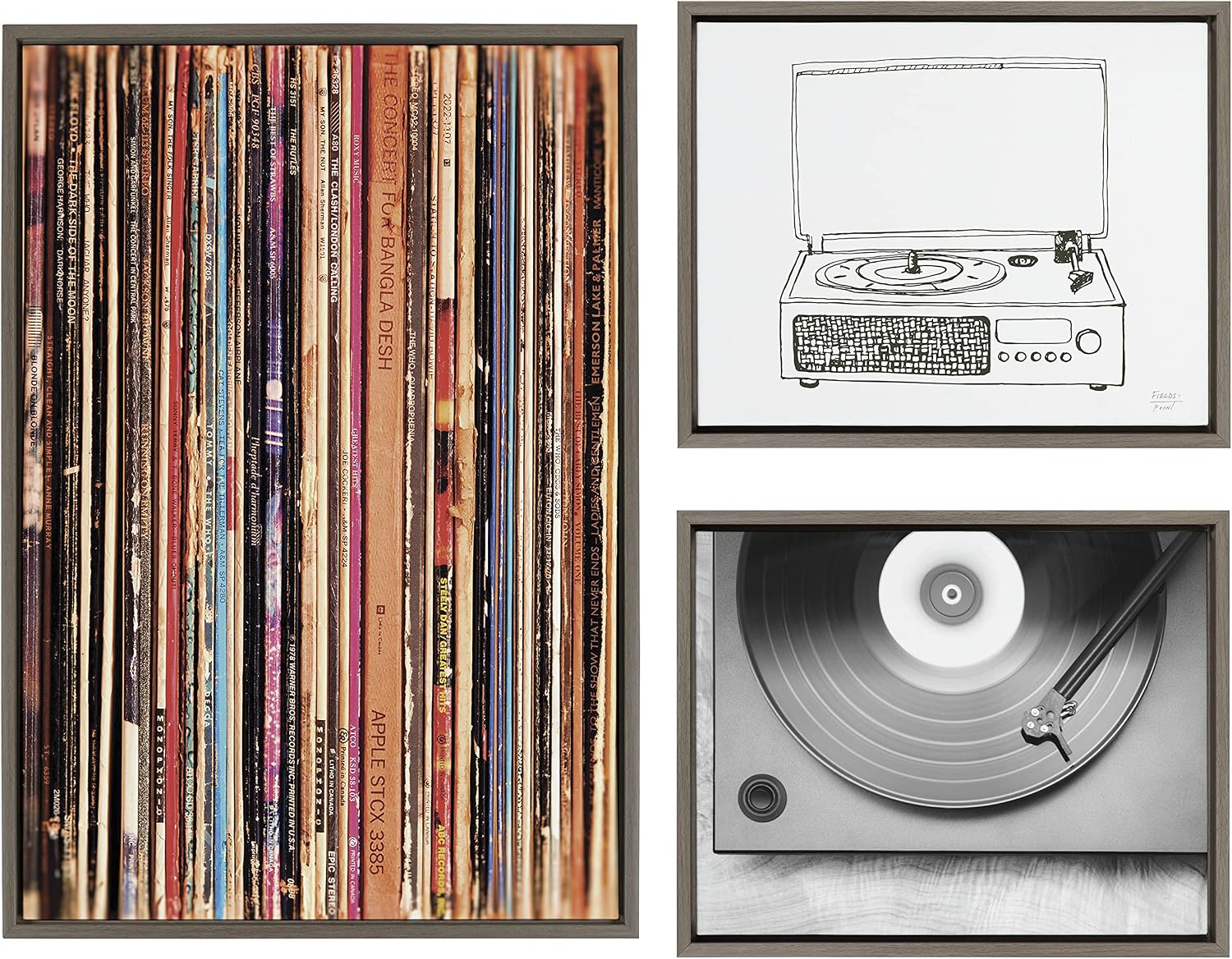 Kate and Laurel Sylvie Records 33RPM, Victrola Record Player and Vinyl Vibes Framed Canvas Wall Art Set by Various Artists, Set of 3, two 16x20 and one 23x33 Gray Frames, Bohemian Vinyl Record Art