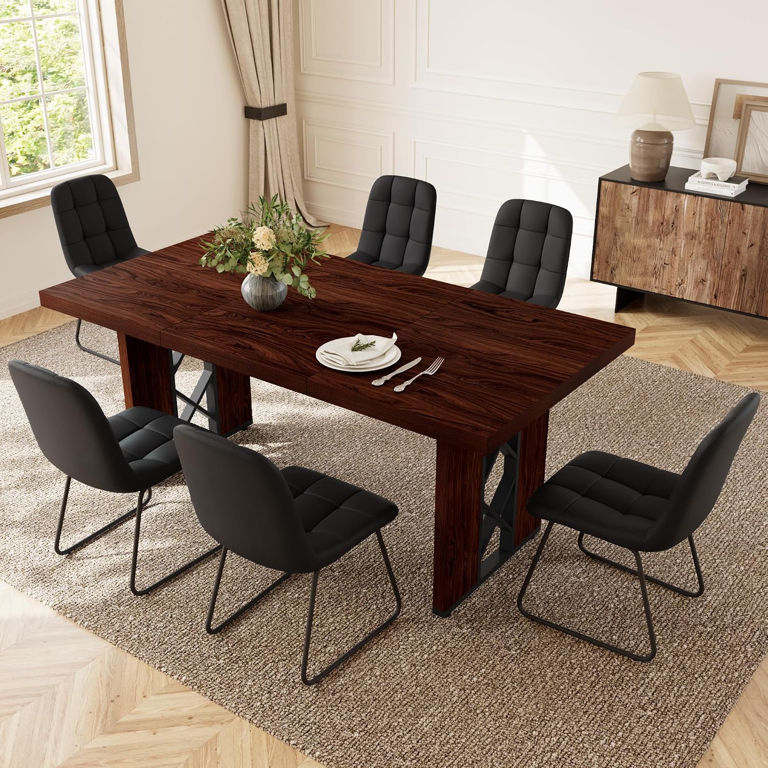 HIPIHOM 7-Piece Dining Table Set for 6 People, 70.8' MDF Kitchen Table with 6 Upholstered Chairs, Space-Saving for Dining Room, Breakfast Nook(Walnut Table+6 U-Shaped Black Chairs)