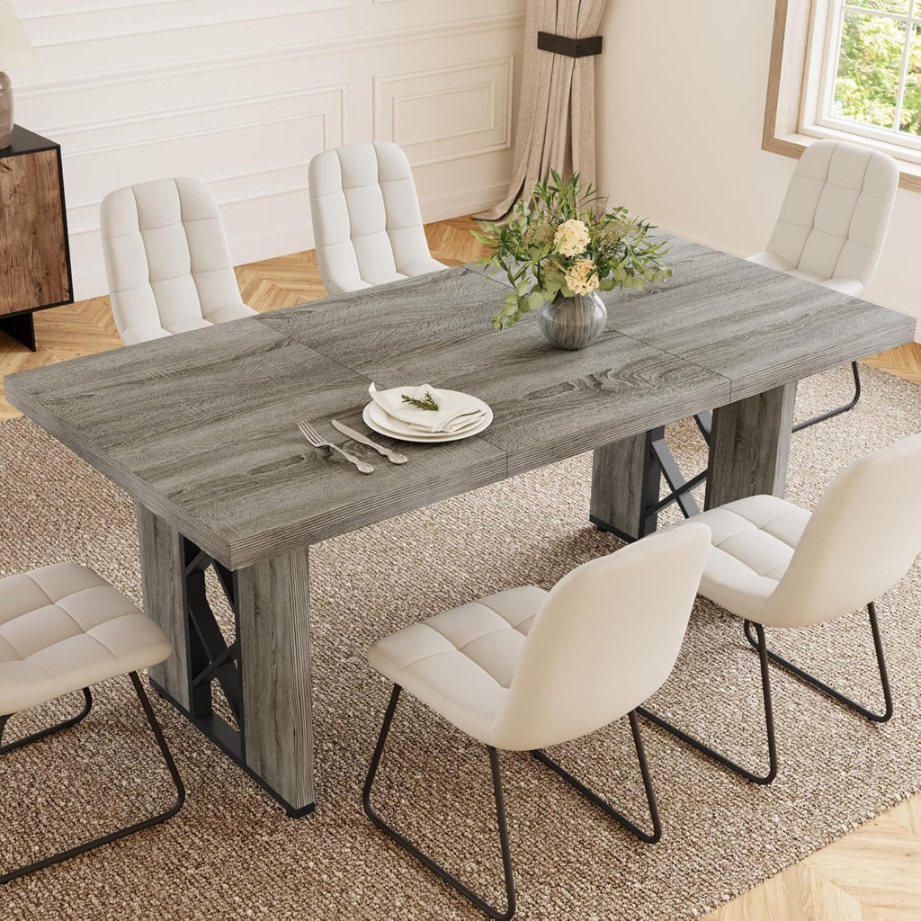 HIPIHOM 7-Piece Dining Table Set for 6 People, 70.8' MDF Kitchen Table with 6 Upholstered Chairs, Space-Saving for Dining Room, Breakfast Nook(Grey Table+6 White Chairs)