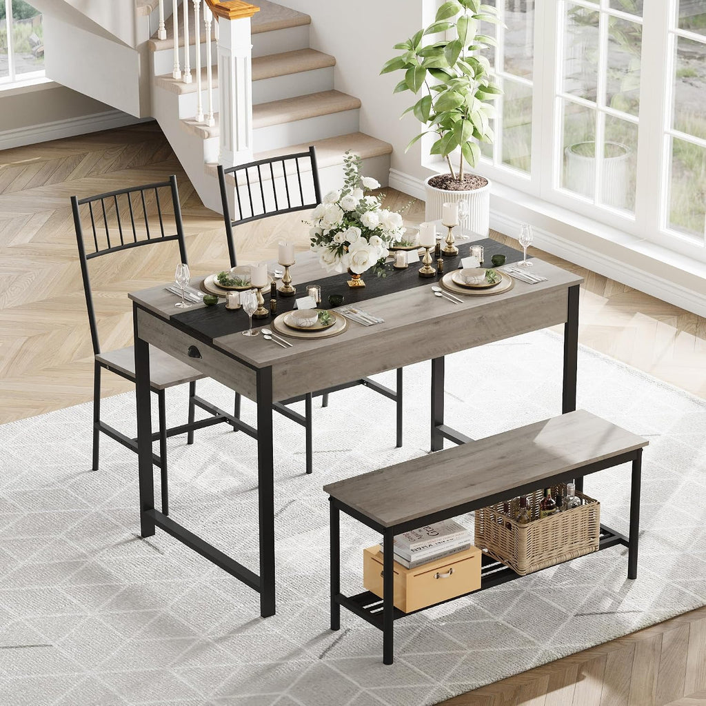 GarveeHome Dining Table Set for 4, Small Kitchen Table and 2 Chairs for 4 with Bench, Space Saving Kitchen Table Set with Storage Rack & Drawers, Breakfast Nook Rectangular Farmhouse Table Set, Grey