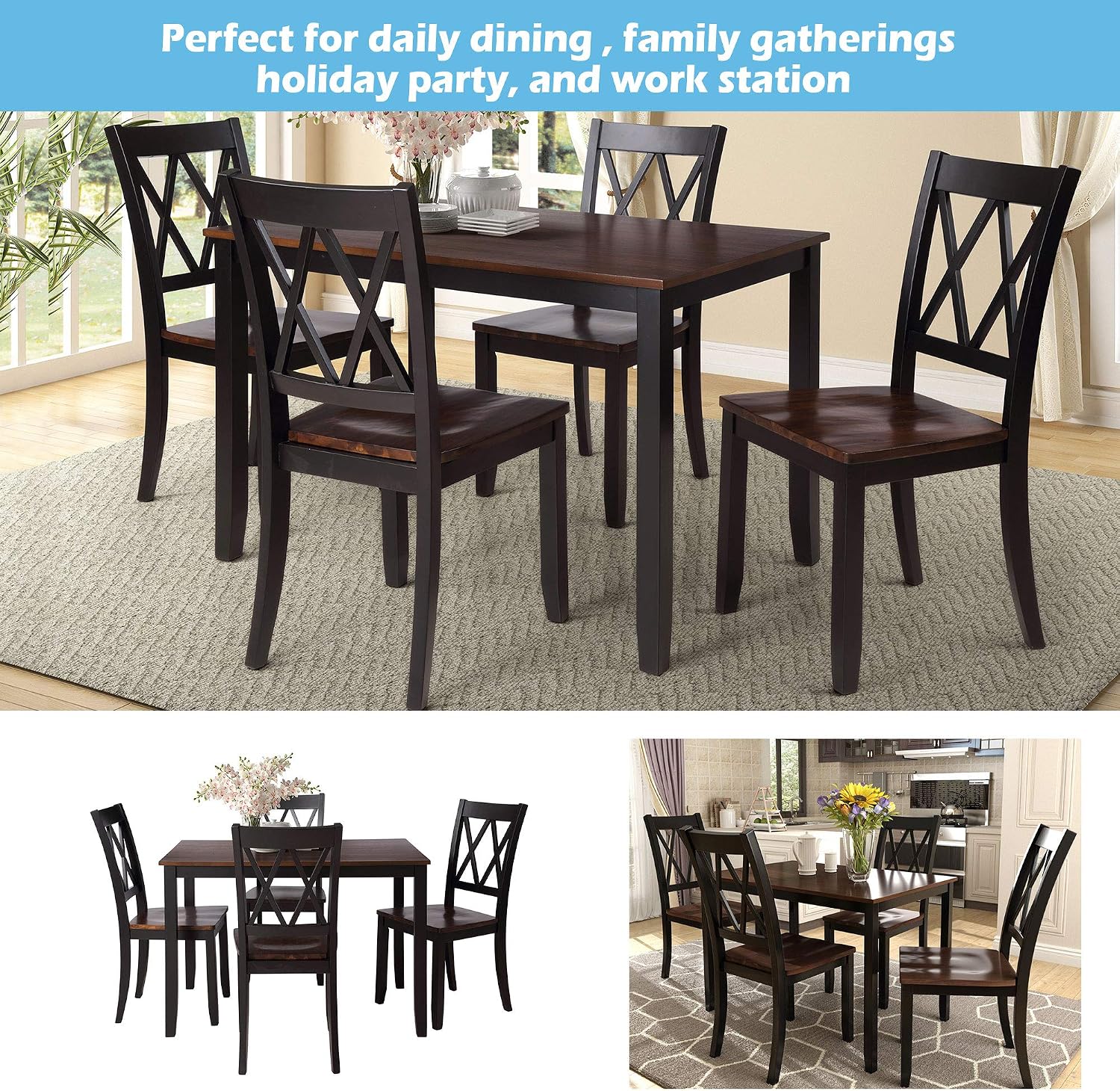 Harper & Bright Designs 5-Piece Wood Dining Table Set for 4, Kitchen Furniture Set with 4 High Back Dining Chairs for Small Places, Espresso+Black