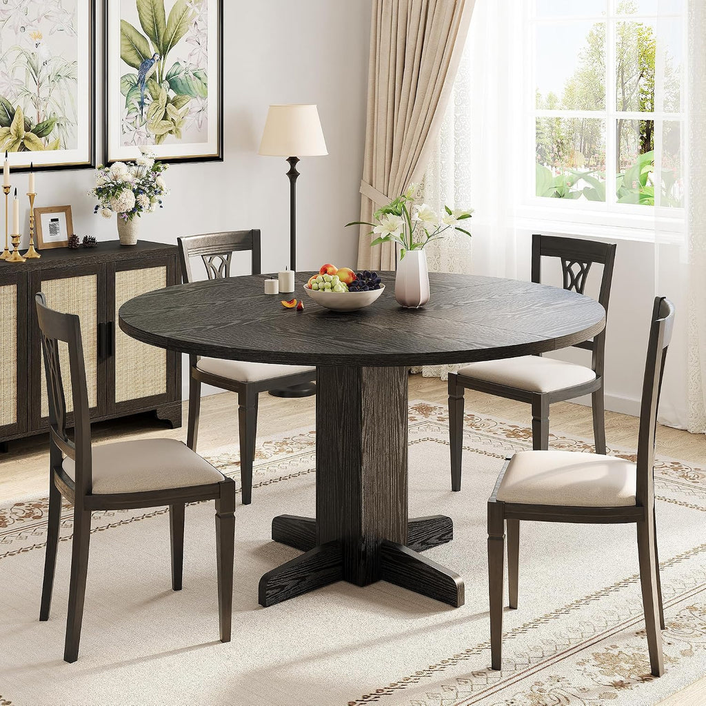 IDEALHOUSE Round Dining Table for 4-6 People, 47' Wood Kitchen Table with Sturdy Pedestal Base, Farmhouse Circle Dinner Tables for Dining Room, Living Room, Apartment, Black