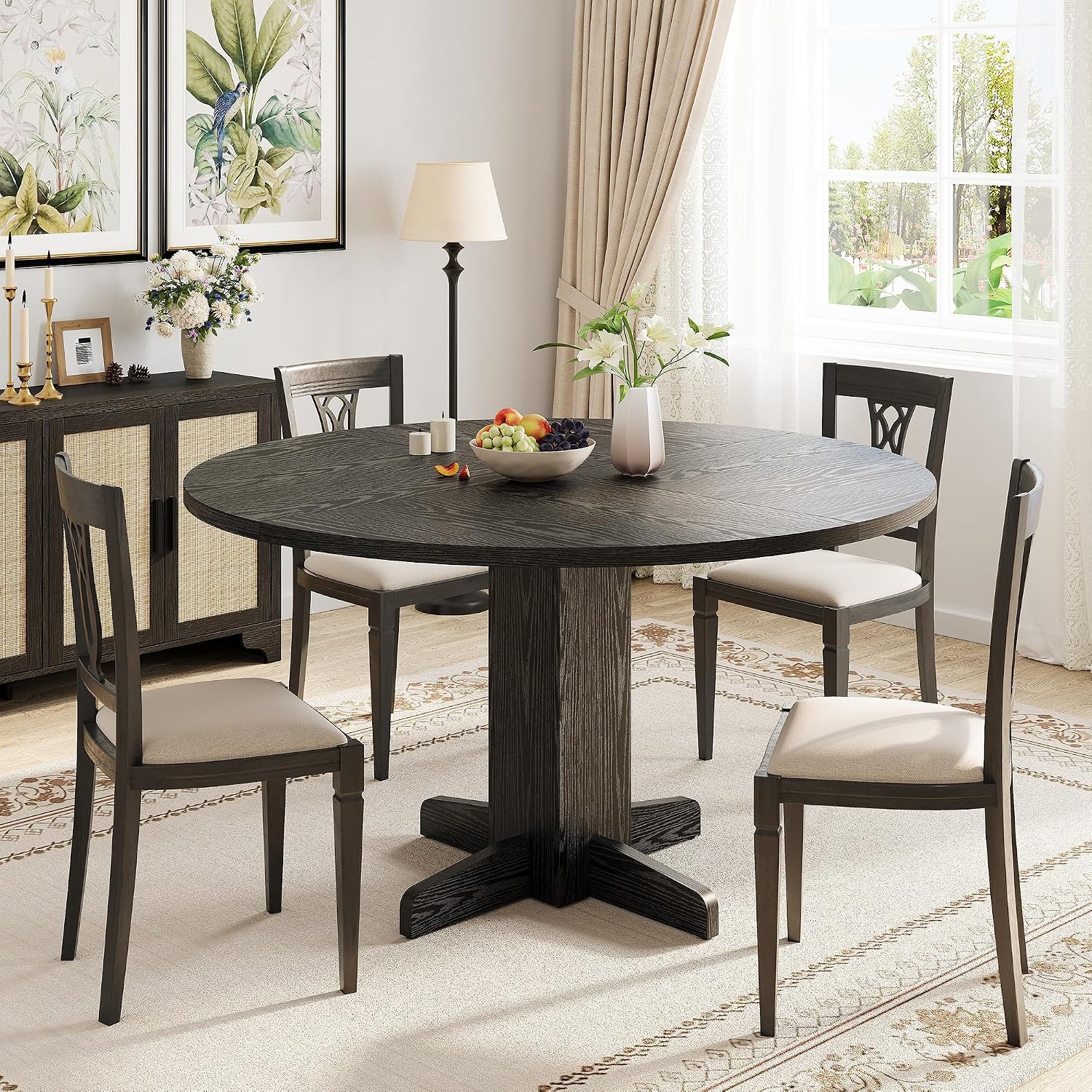 IDEALHOUSE Round Dining Table for 4-6 People, 47' Wood Kitchen Table with Sturdy Pedestal Base, Farmhouse Circle Dinner Tables for Dining Room, Living Room, Apartment, Black