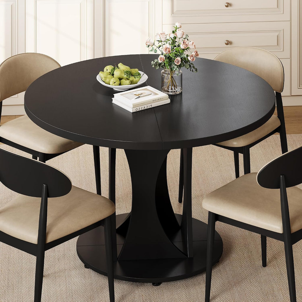 Einhomn 59' Extendable Round Dining Table for 6-8, Kitchen Table with Sturdy Double Arc Base & Backboard Clasp Desktop, Mid-Century Modern Dinner Table, Kitchen Dining Room, Space Saving, Black