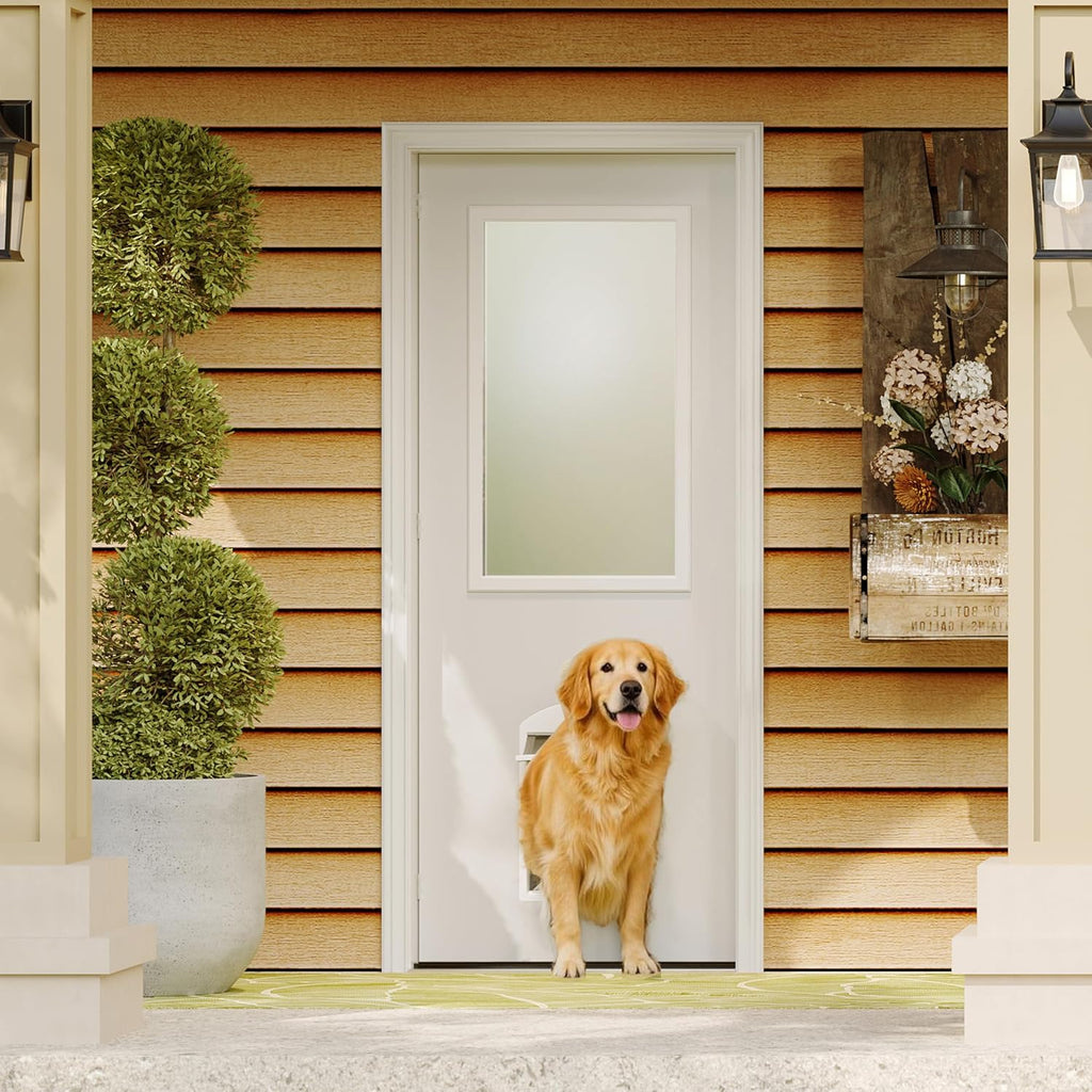 Front Door，30' x 80' 1-Lite Exterior Door with Pet Door, Left-Handed Frosted Glass Entry Door, Solid Wood & MDF Construction, Prehung Door Jamb & Threshold Hardware Kit, Waterproof Primer