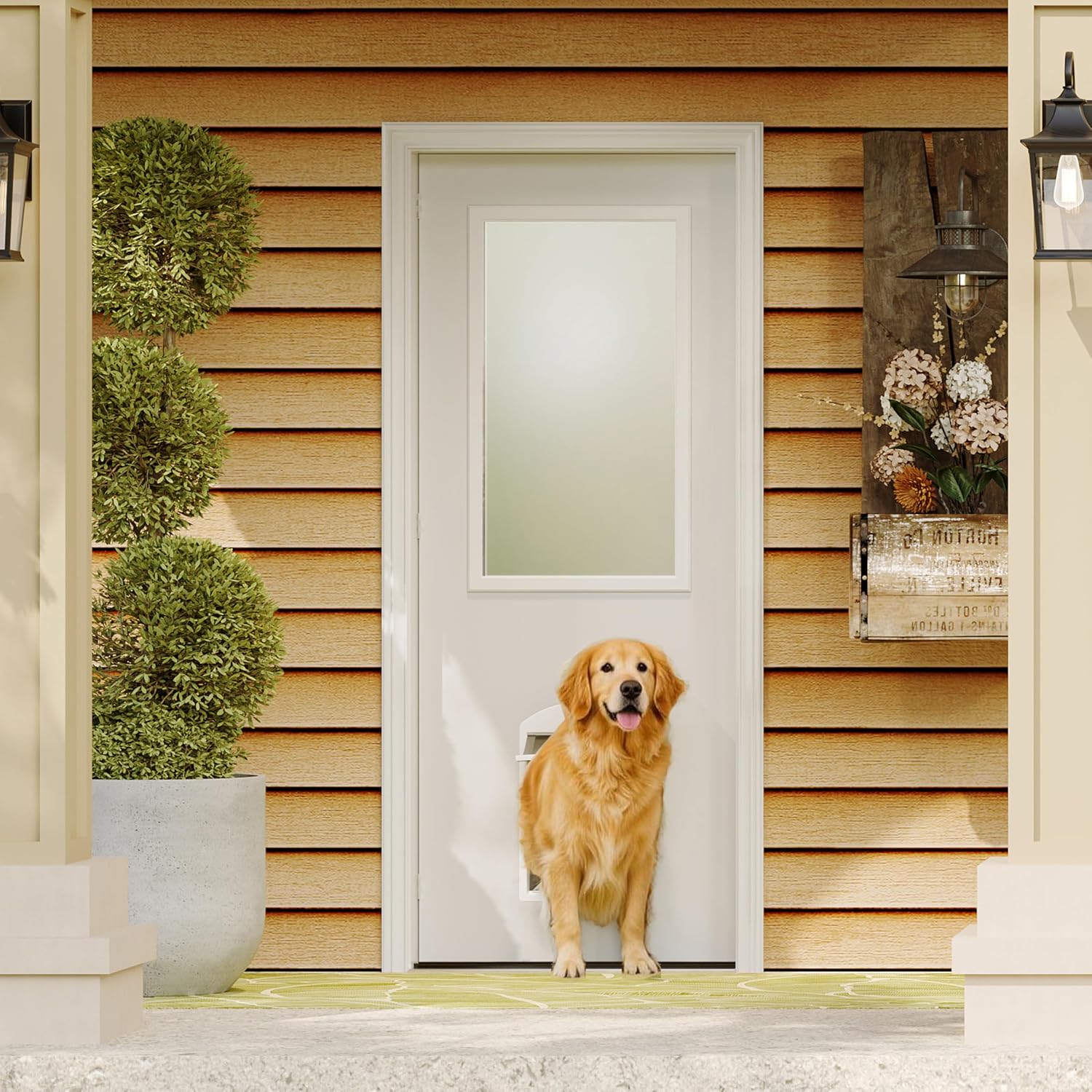 Front Door，30' x 80' 1-Lite Exterior Door with Pet Door, Left-Handed Frosted Glass Entry Door, Solid Wood & MDF Construction, Prehung Door Jamb & Threshold Hardware Kit, Waterproof Primer