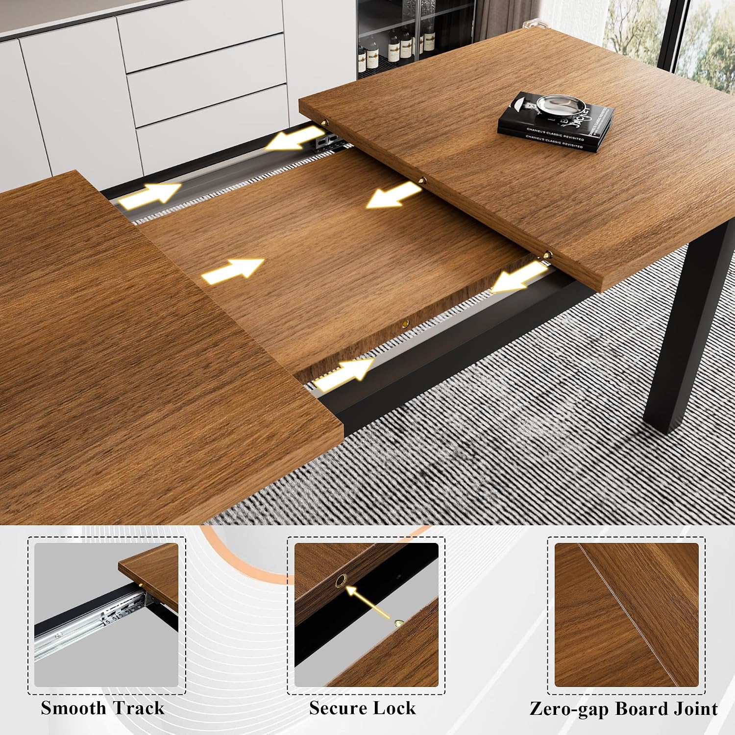 iPormis 5-Piece Dining Table Set for 4-8 People, Extendable Kitchen Table Set with 2 Benches and 2 Square Stools, Mid-Century Dining Room Table with Metal Frame & MDF Board, Saving Space, Walnut