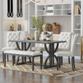 Merax 6-Piece Solid Wood Dining Room Table Set with 4 Upholstered Chairs, Farmhouse Rectangular Kitchen Table Set with Bench for 6 People, Dining Room Kitchen Set, Gray Wash+Beige