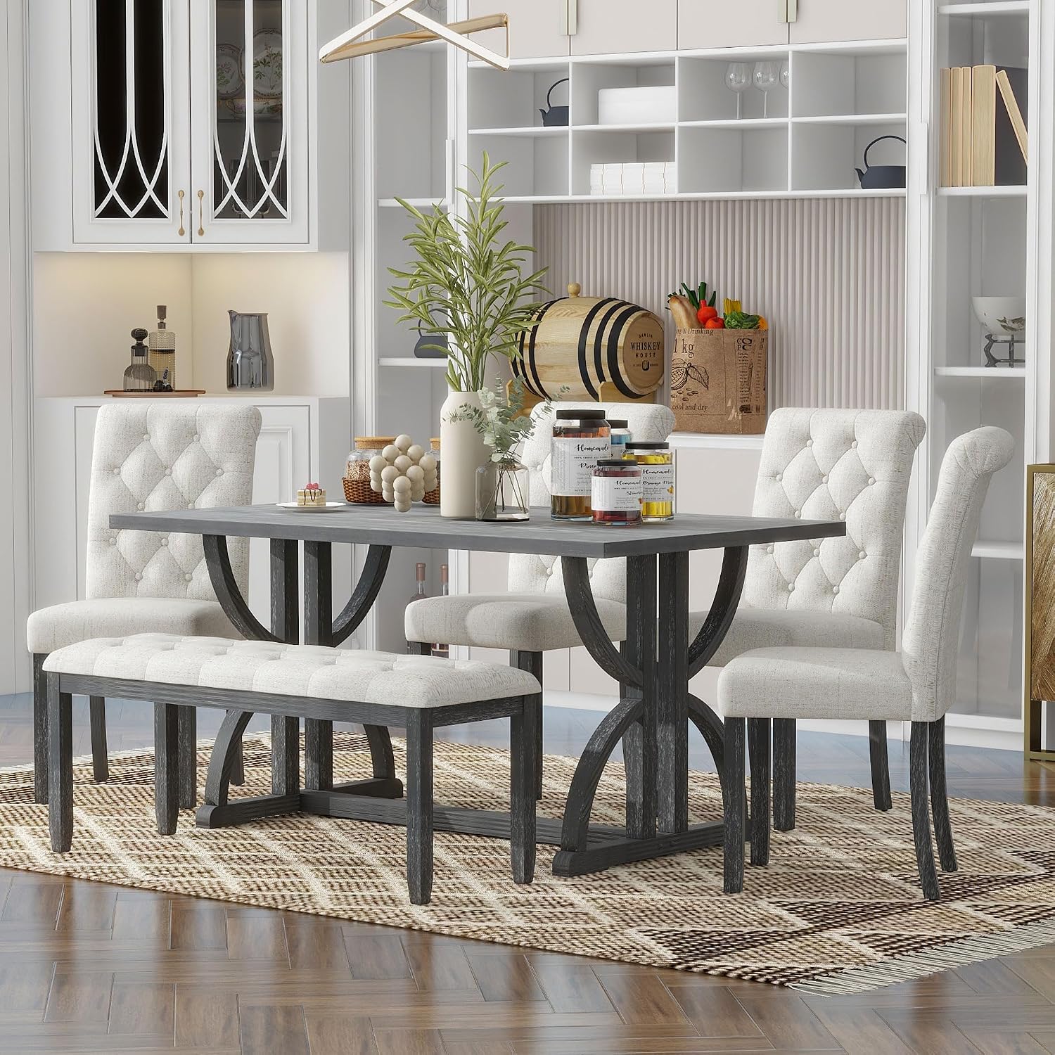 Merax 6-Piece Solid Wood Dining Room Table Set with 4 Upholstered Chairs, Farmhouse Rectangular Kitchen Table Set with Bench for 6 People, Dining Room Kitchen Set, Gray Wash+Beige