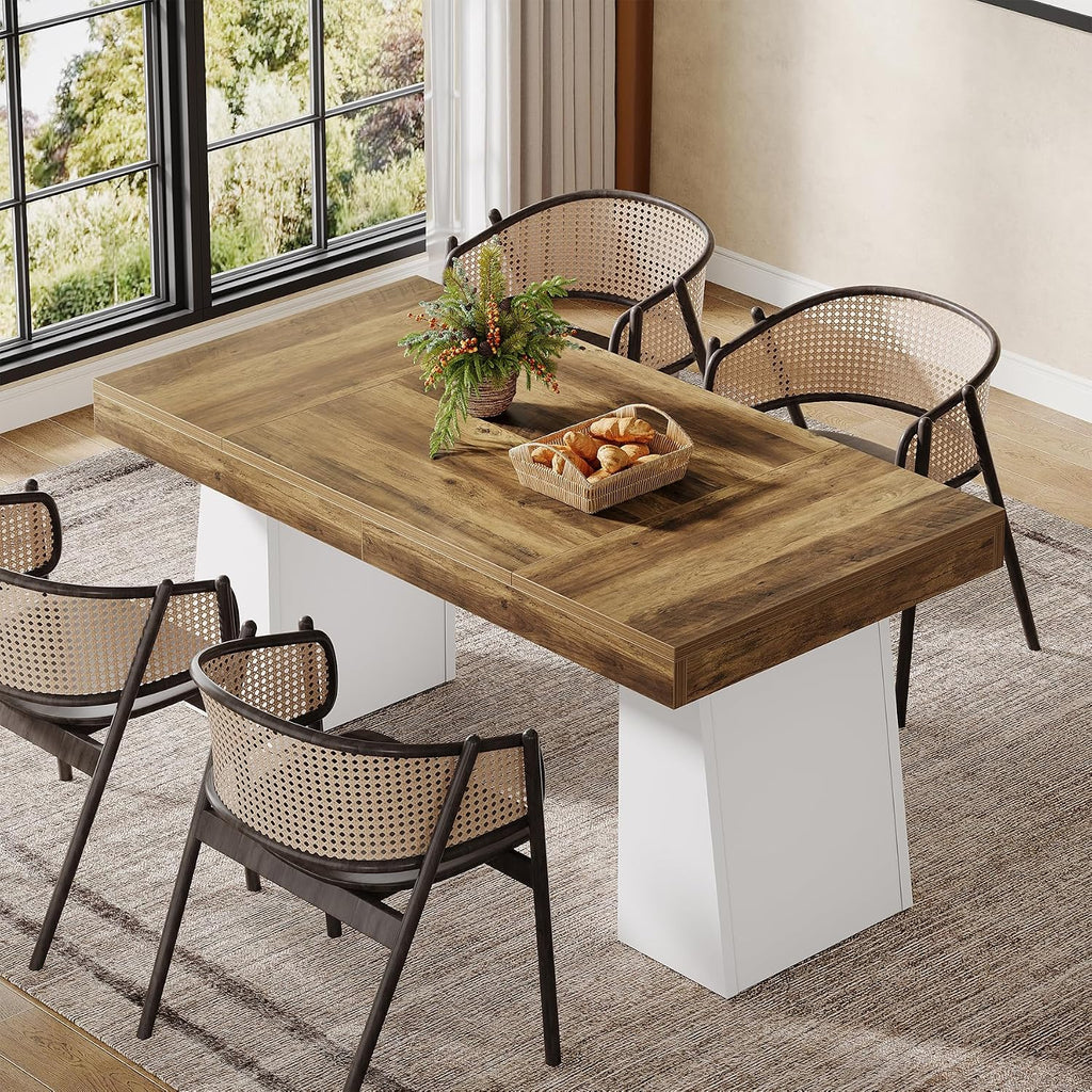 Tribesigns 55-Inch Dining Room Table for 4, Mid-Century Modern Dining Table with Double Pedstral, Rectangular Wood Kitchen Dinner Tables for Dining Room, Kitchen, Home, White & Brown(Only Table)