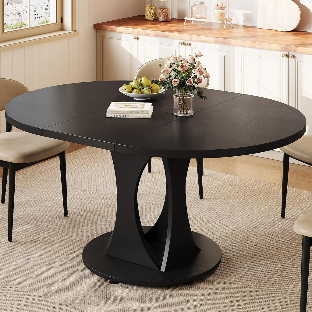 Einhomn 59' Extendable Round Dining Table for 6-8, Kitchen Table with Sturdy Double Arc Base & Backboard Clasp Desktop, Mid-Century Modern Dinner Table, Kitchen Dining Room, Space Saving, Black