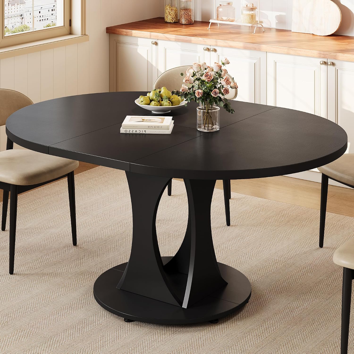 Einhomn 59' Extendable Round Dining Table for 6-8, Kitchen Table with Sturdy Double Arc Base & Backboard Clasp Desktop, Mid-Century Modern Dinner Table, Kitchen Dining Room, Space Saving, Black