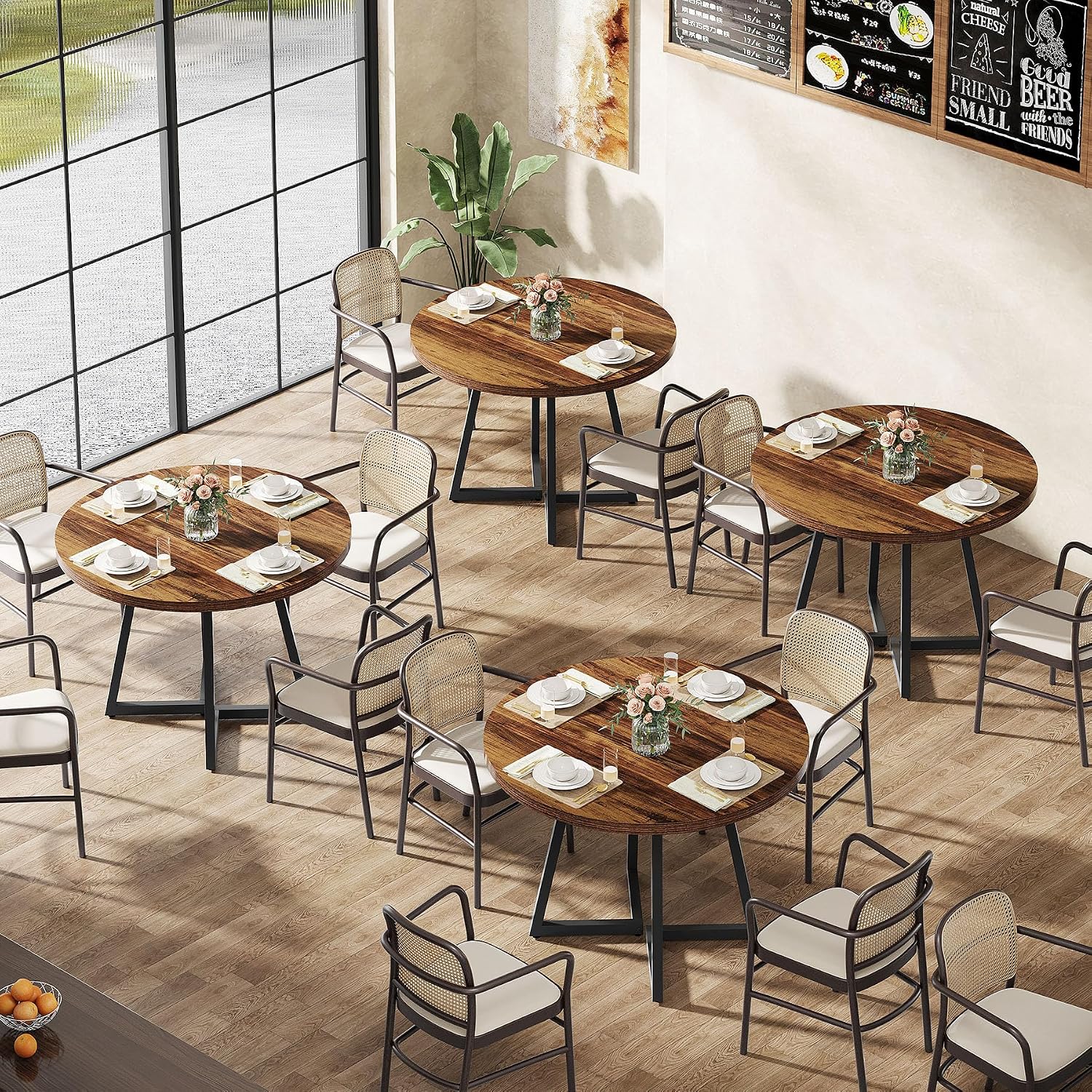 Tribesigns Round Commercial Dining Table Set of 4, 31.5' Heavy Duty Dinner Table with Metal Base, Wooden Kitchen Table for Restaurant, Cafe, Bakery, Bar, Apartment, Rustic Brown & Black