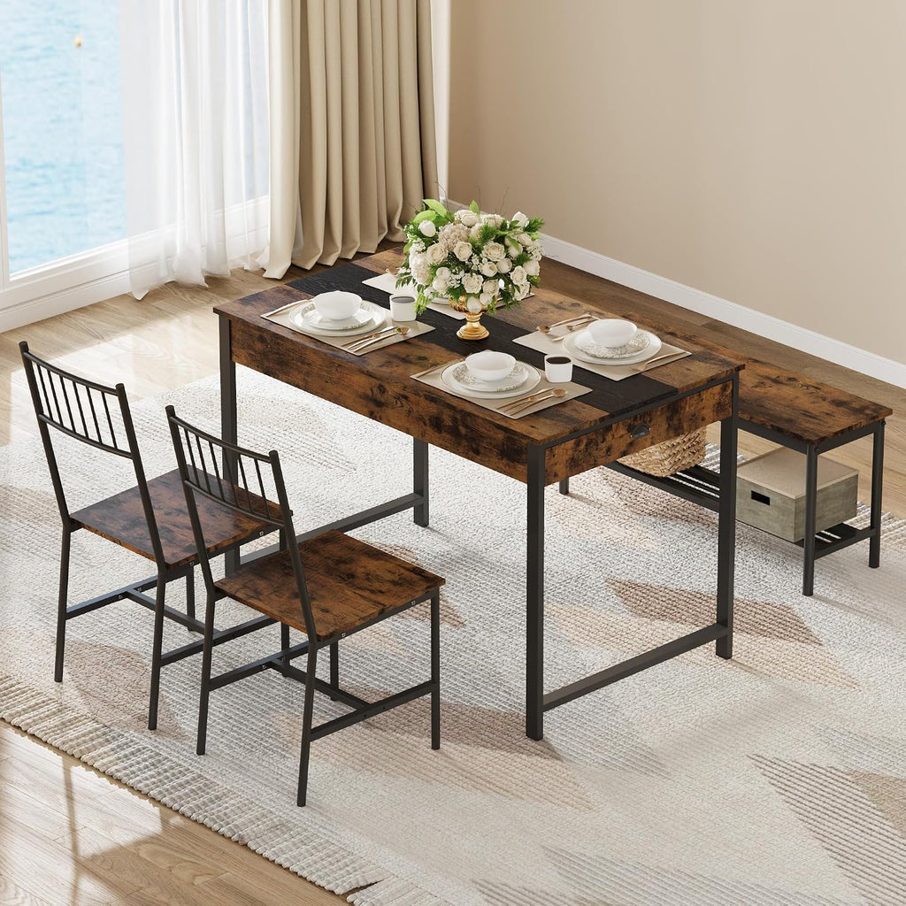 GarveeHome Dining Table Set for 4, Small Kitchen Table and 2 Chairs for 4 with Bench, Space Saving Kitchen Table Set with Storage Rack & Drawers, Breakfast Nook Rectangular Farmhouse Table Set, Retror