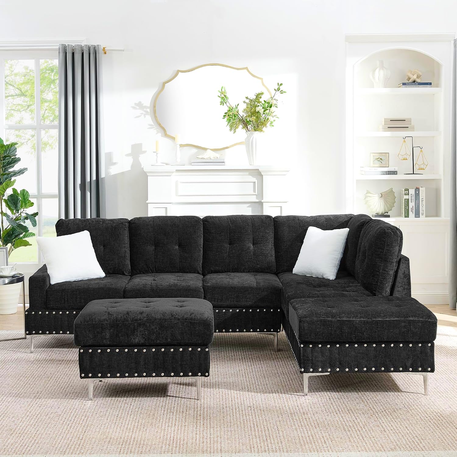 102' L-Shaped Sectional Coch with Chaise & Storage Ottoman, 4-Seater Chenille Upholstered Corner Sofa Couch with Metal Legs & Copper Rivets, Sectional Couches for Living Room with Pillow Back, Black