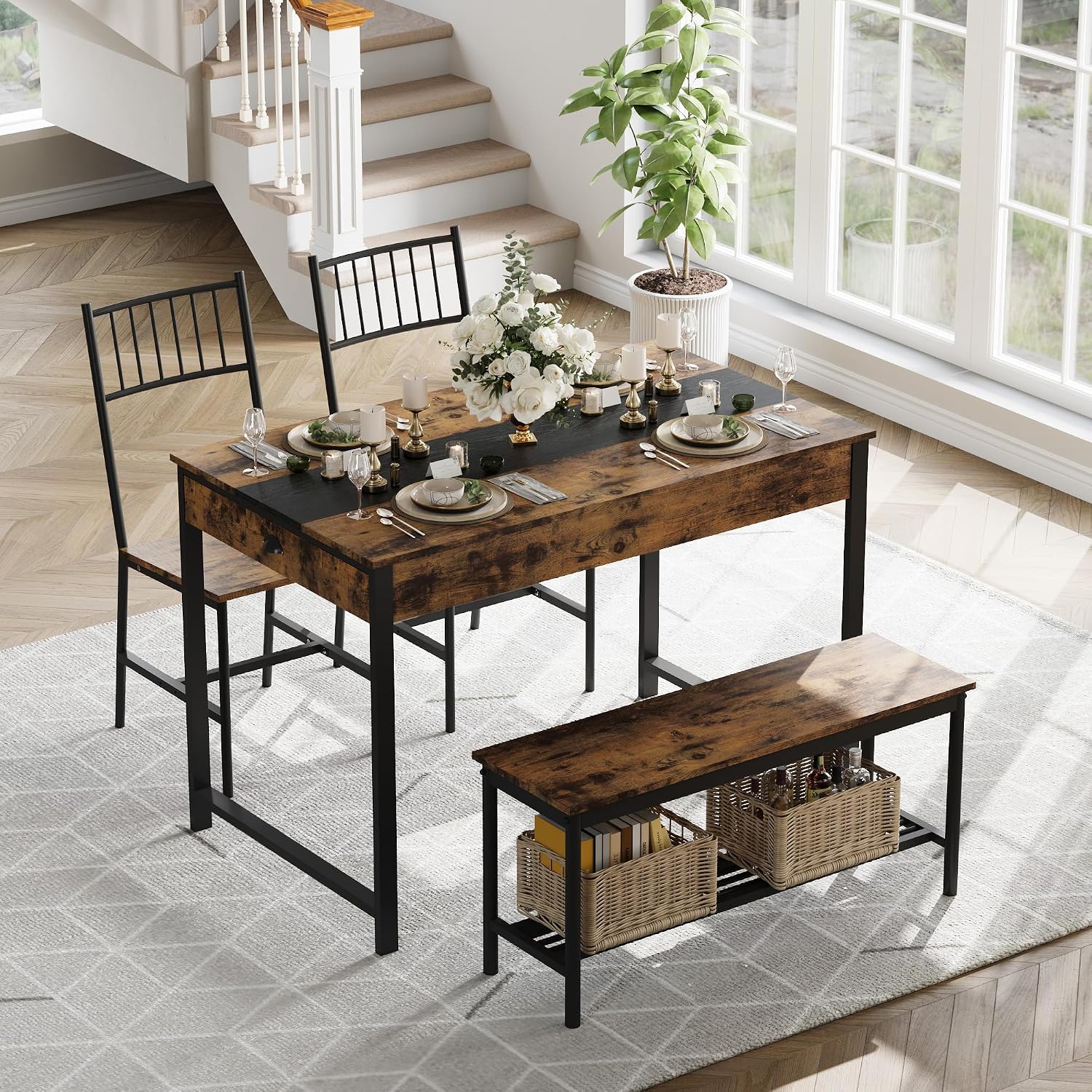 GarveeHome Dining Table Set for 4, Small Kitchen Table and 2 Chairs for 4 with Bench, Space Saving Kitchen Table Set with Storage Rack & Drawers, Breakfast Nook Rectangular Farmhouse Table Set, Retror