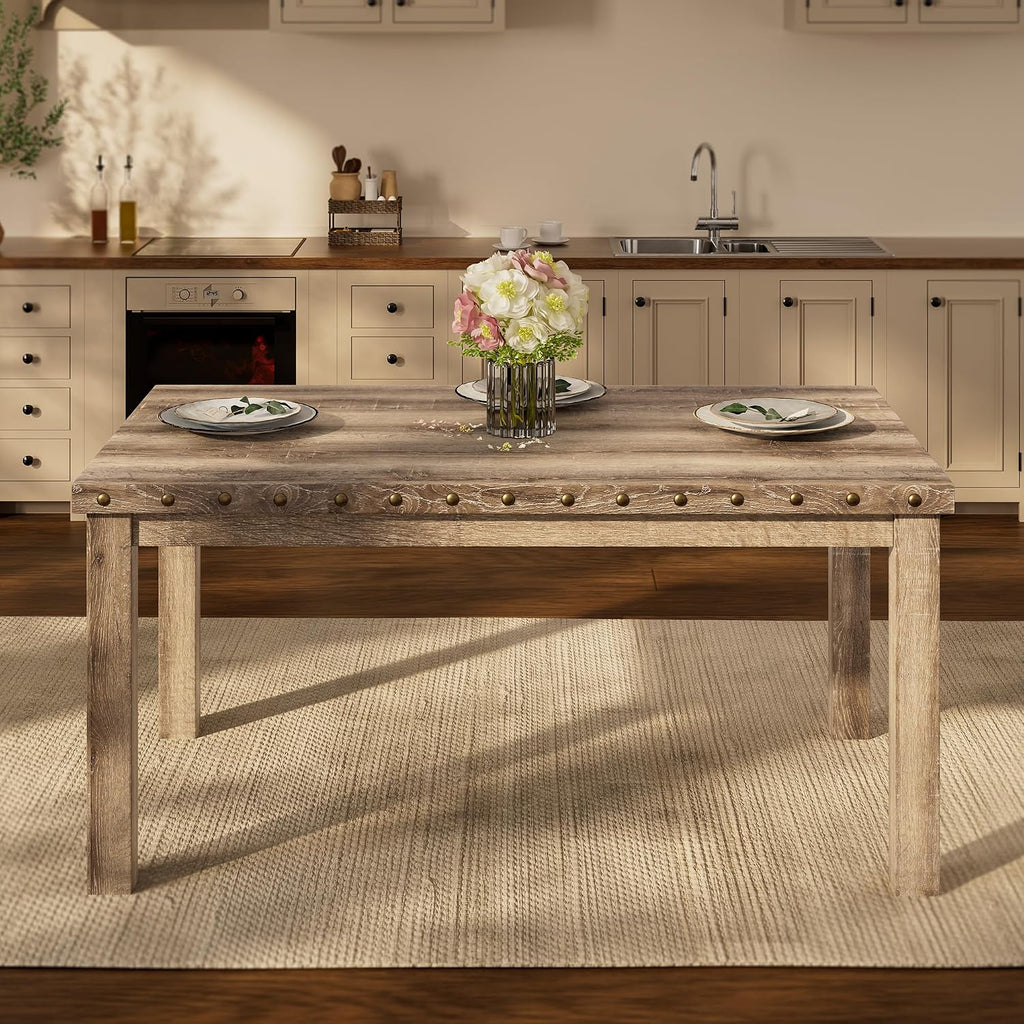 Morden Fort Farmhouse Rectangular Wooden Dining Table, Rustic 60' Kitchen & Dining Room Table with Woodgrain Tabletop, Rivet Accents & Solid Wood Legs