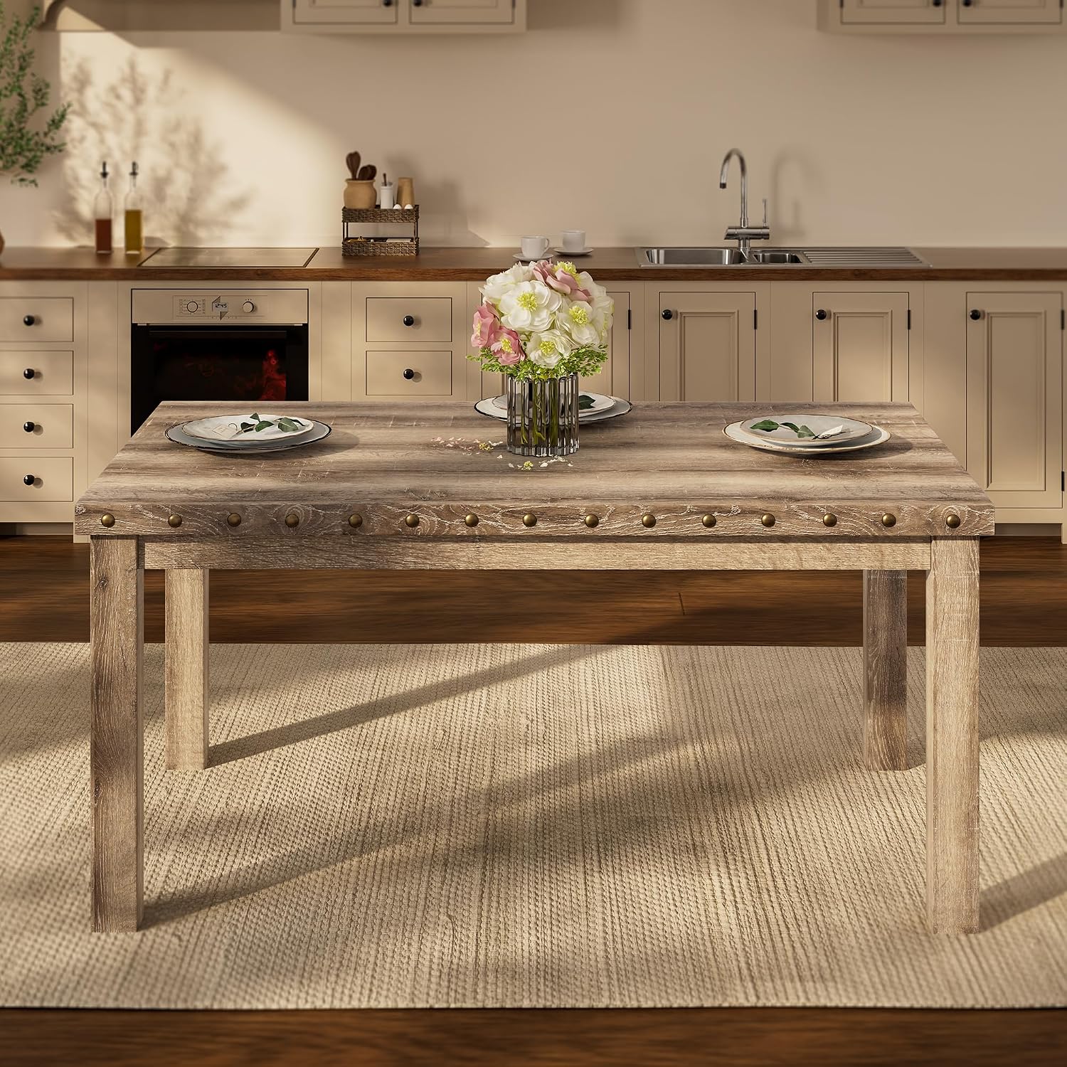 Morden Fort Farmhouse Rectangular Wooden Dining Table, Rustic 60' Kitchen & Dining Room Table with Woodgrain Tabletop, Rivet Accents & Solid Wood Legs