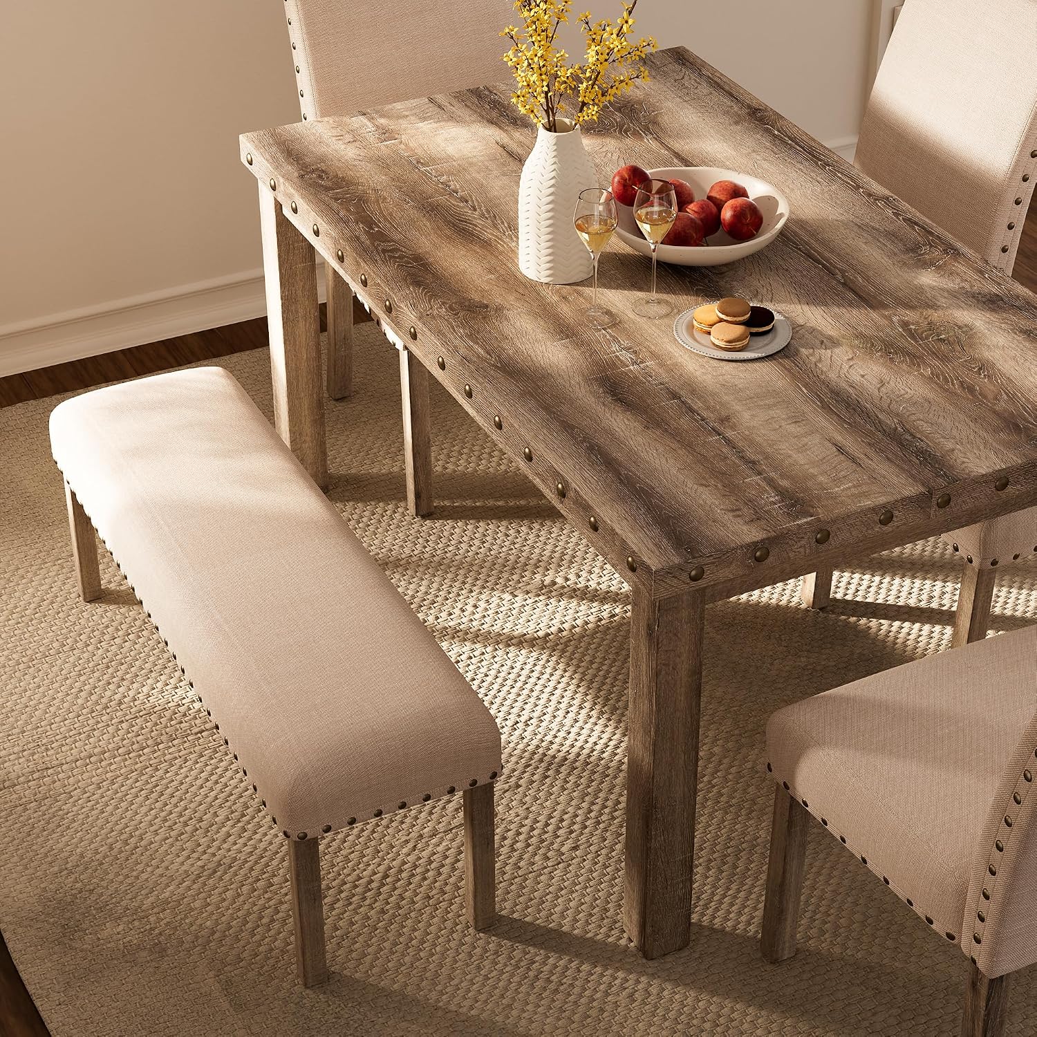 Morden Fort Farmhouse Rectangular Wooden Dining Table, Rustic 60' Kitchen & Dining Room Table with Woodgrain Tabletop, Rivet Accents & Solid Wood Legs