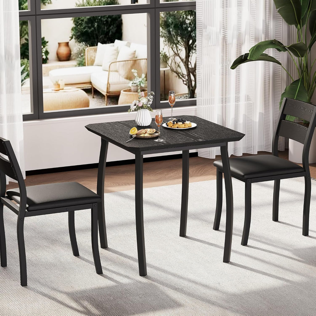 Garvee 3 Piece Dining Table Set for 2, Small Kitchen Table with Metal Frame & Wood Tabletop, Includes 2 Upholstered Chairs, for Apartment, Home Kitchen, Black