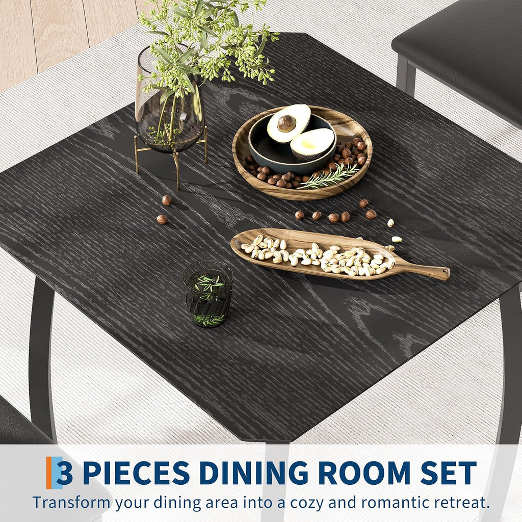 Garvee 3 Piece Dining Table Set for 2, Small Kitchen Table with Metal Frame & Wood Tabletop, Includes 2 Upholstered Chairs, for Apartment, Home Kitchen, Black