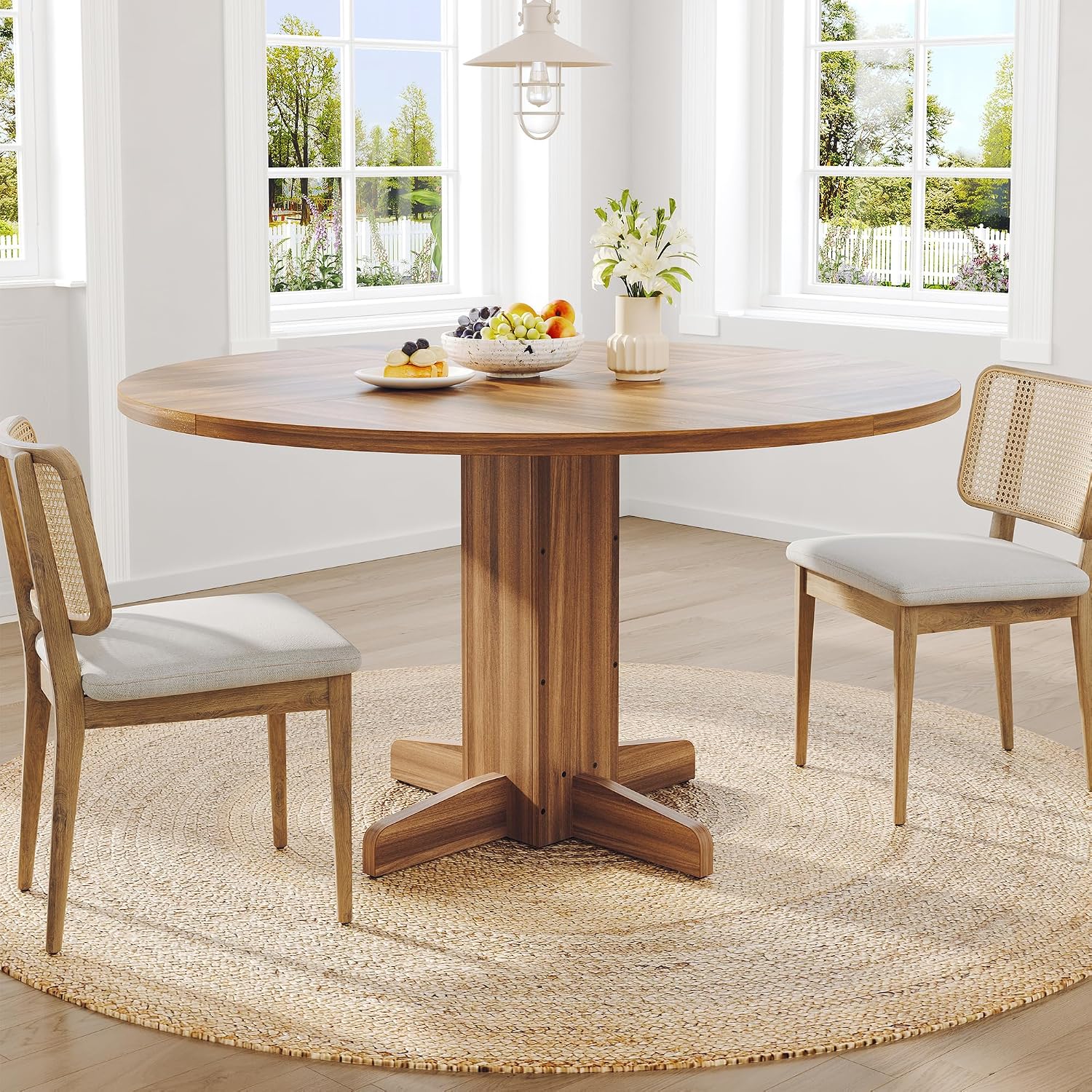 IDEALHOUSE Round Dining Table for 4-6 People, 47' Wood Kitchen Table with Sturdy Pedestal Base, Farmhouse Circle Dinner Tables for Dining Room, Living Room, Apartment, Walnut