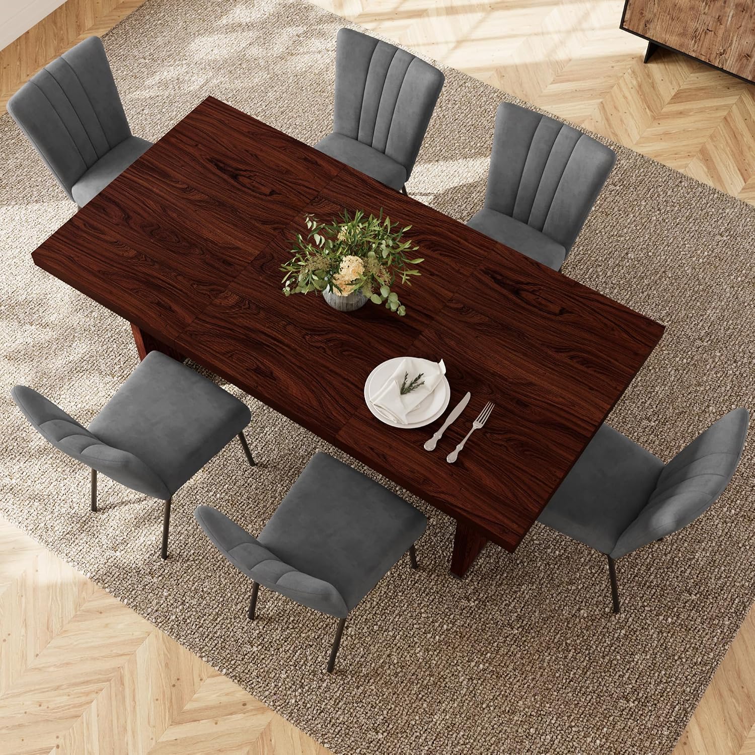 HIPIHOM 7-Piece Dining Table Set for 6 People, 70.8' MDF Kitchen Table with 6 Velvet Chairs, Space-Saving for Dining Room, Breakfast Nook(Walnut Table+6 Grey Chairs)