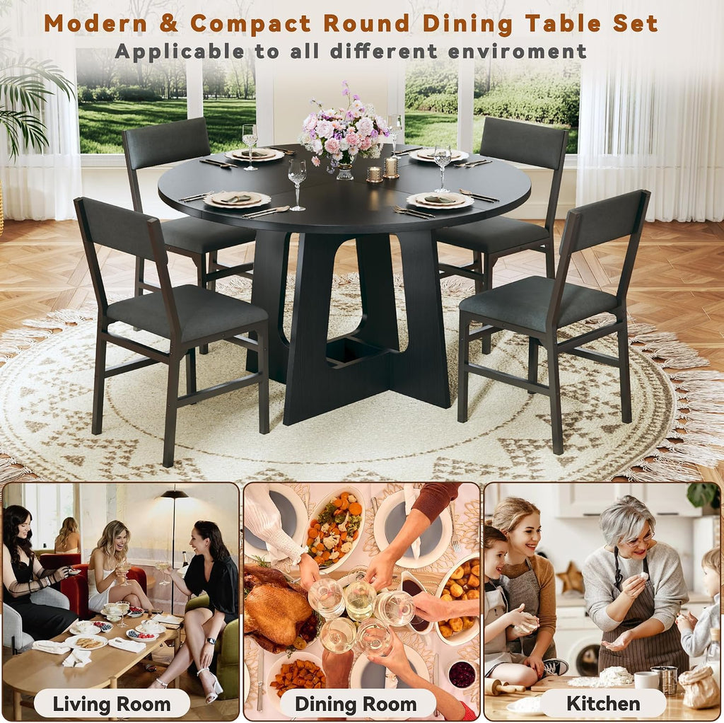 HUAHUU Round Dining Table Set for 4, 5-Piece Kitchen Table and Chairs for 4, 47'' Round Dining Room Table Set with 4 Chairs, Space Saving Dining Table with Wood Base for Kitchen, Living Room, Black